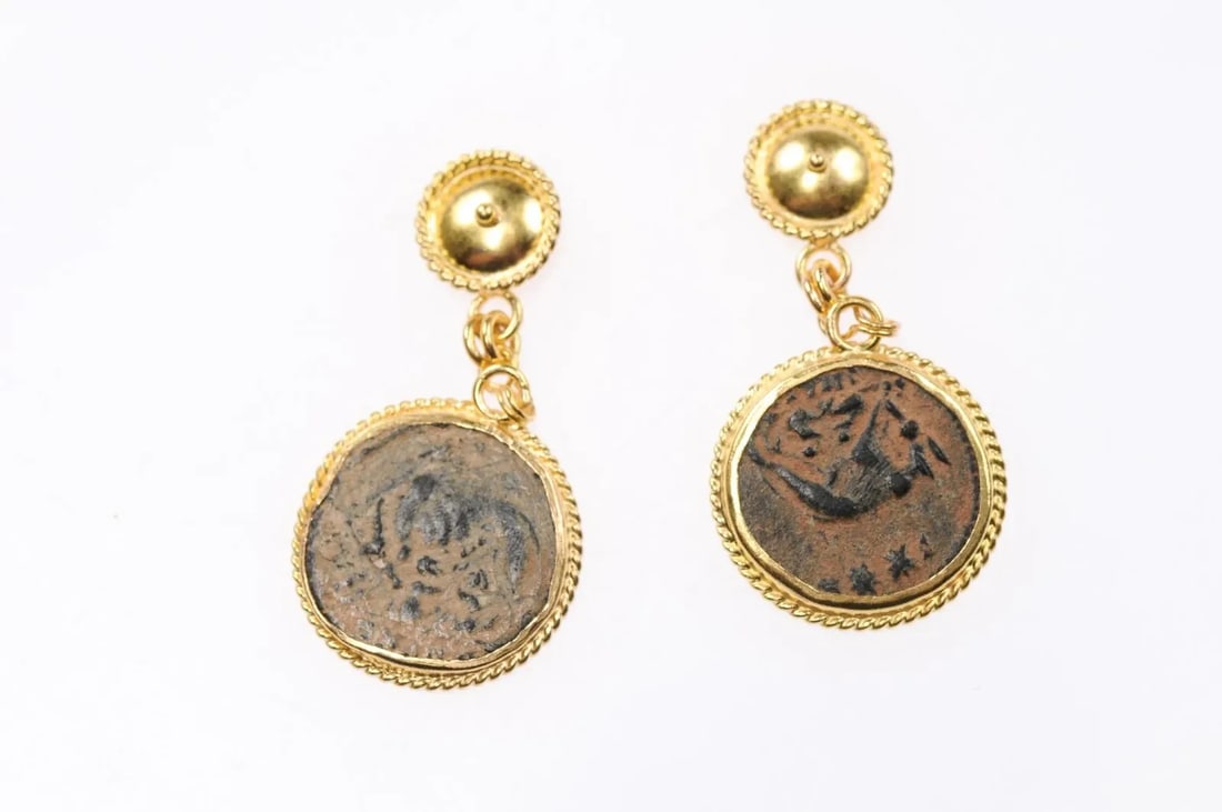 Antique Bronze Hellenistic Coin Earrings - A Pair - 3