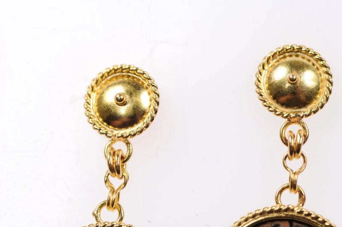 Antique Bronze Hellenistic Coin Earrings - A Pair - 4