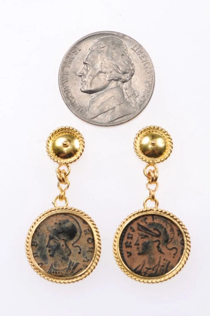 Antique Bronze Hellenistic Coin Earrings - A Pair - 5