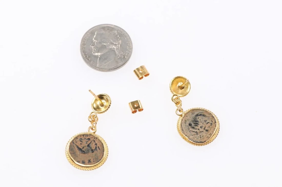 Antique Bronze Hellenistic Coin Earrings - A Pair - 6