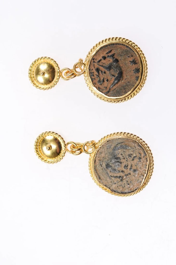Antique Bronze Hellenistic Coin Earrings - A Pair - 7