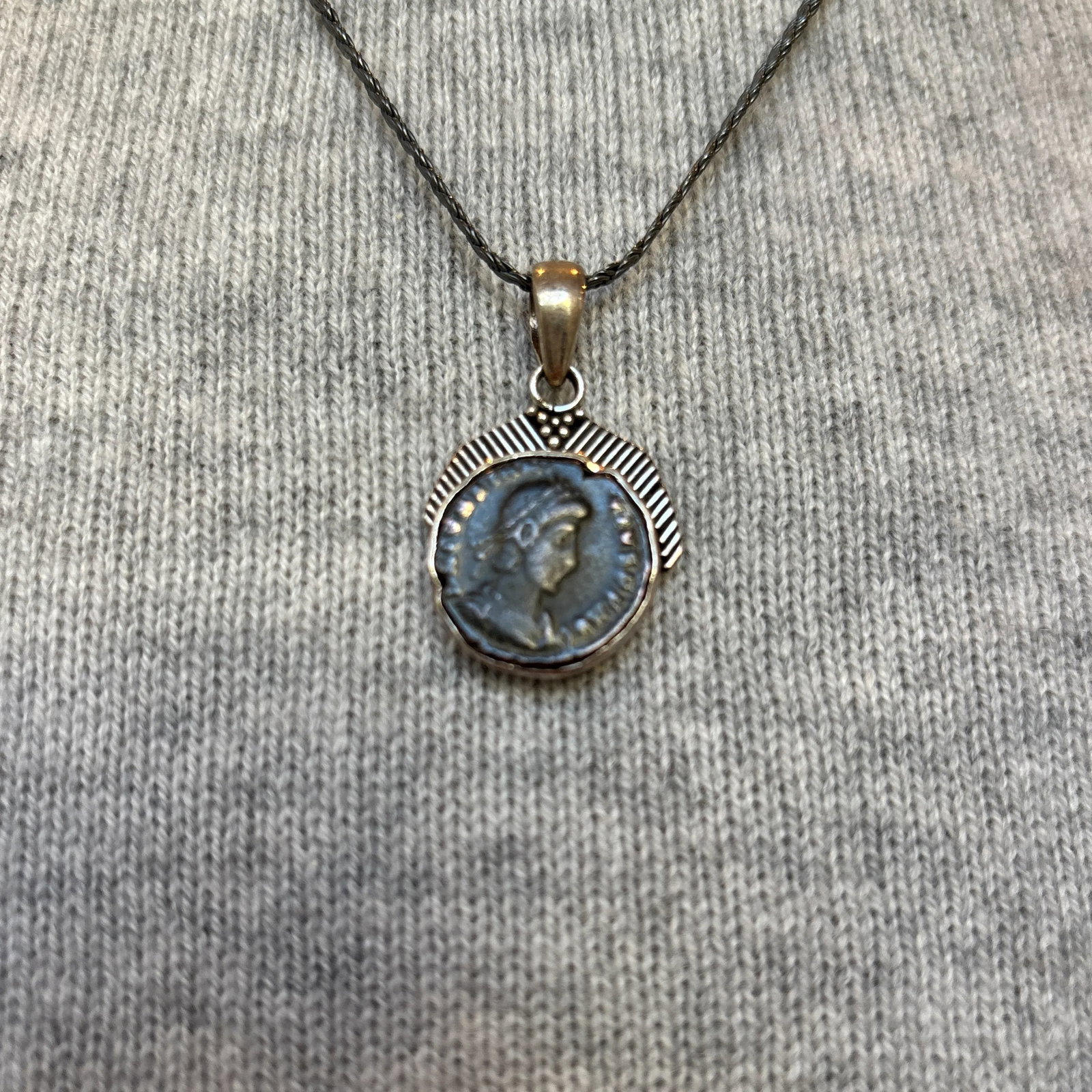 Antique Pendant With Roman Coin and Sterling Silver Setting of Diagonal Frame - 10