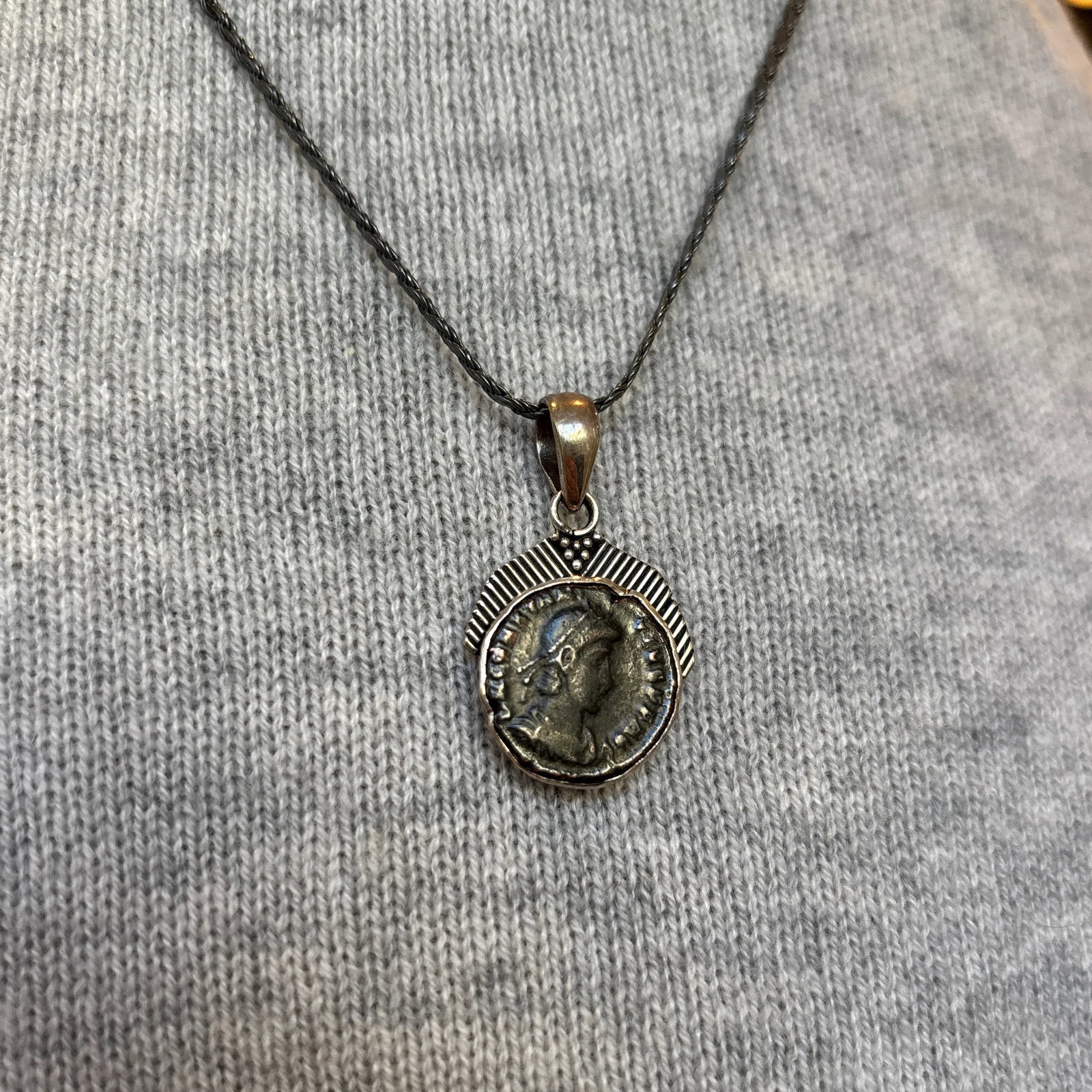 Antique Pendant With Roman Coin and Sterling Silver Setting of Diagonal Frame - 5