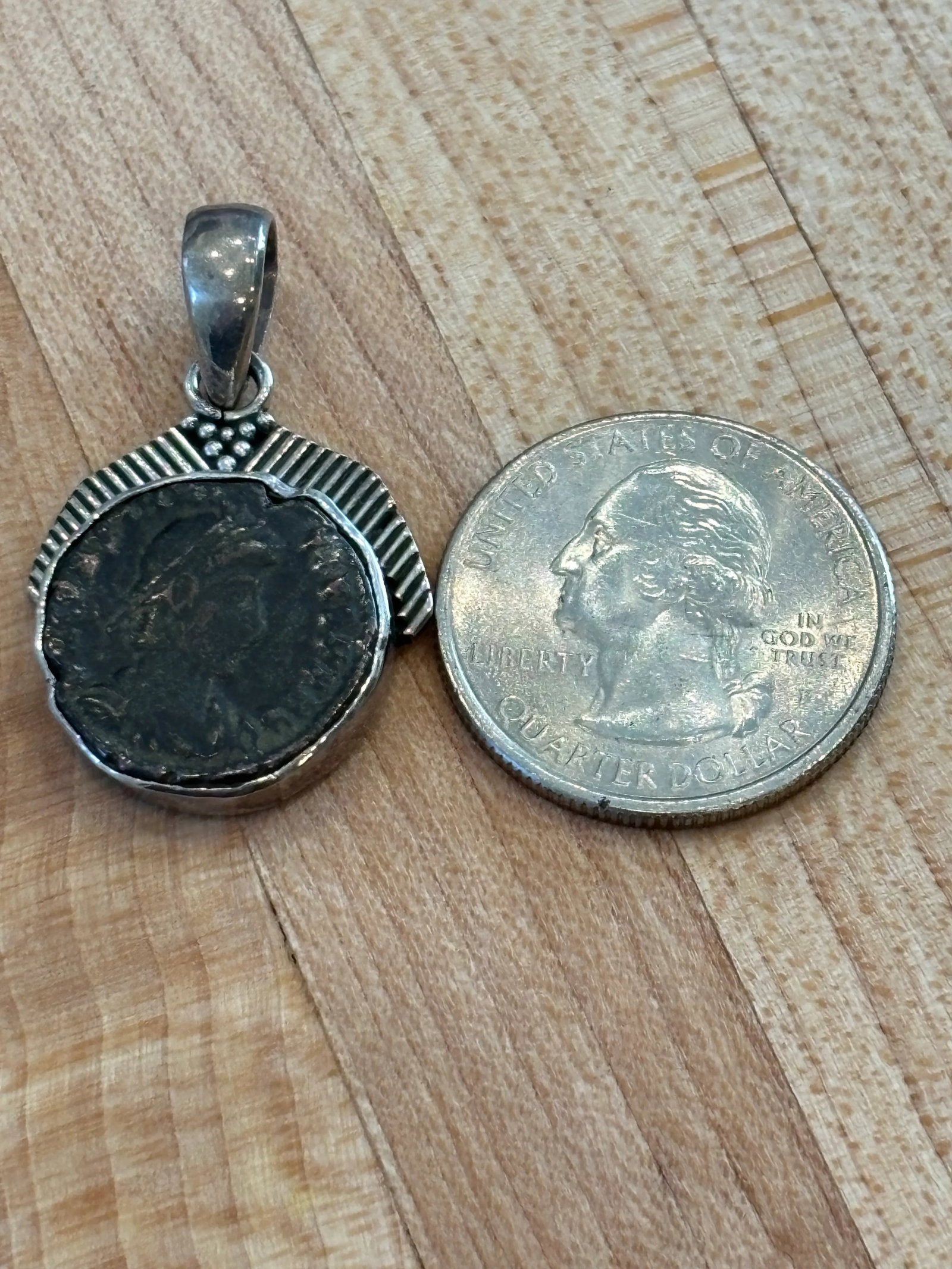 Antique Pendant With Roman Coin and Sterling Silver Setting of Diagonal Frame - 6