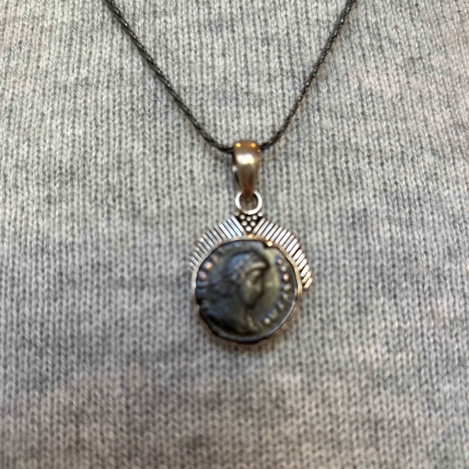 Antique Pendant With Roman Coin and Sterling Silver Setting of Diagonal Frame - 7