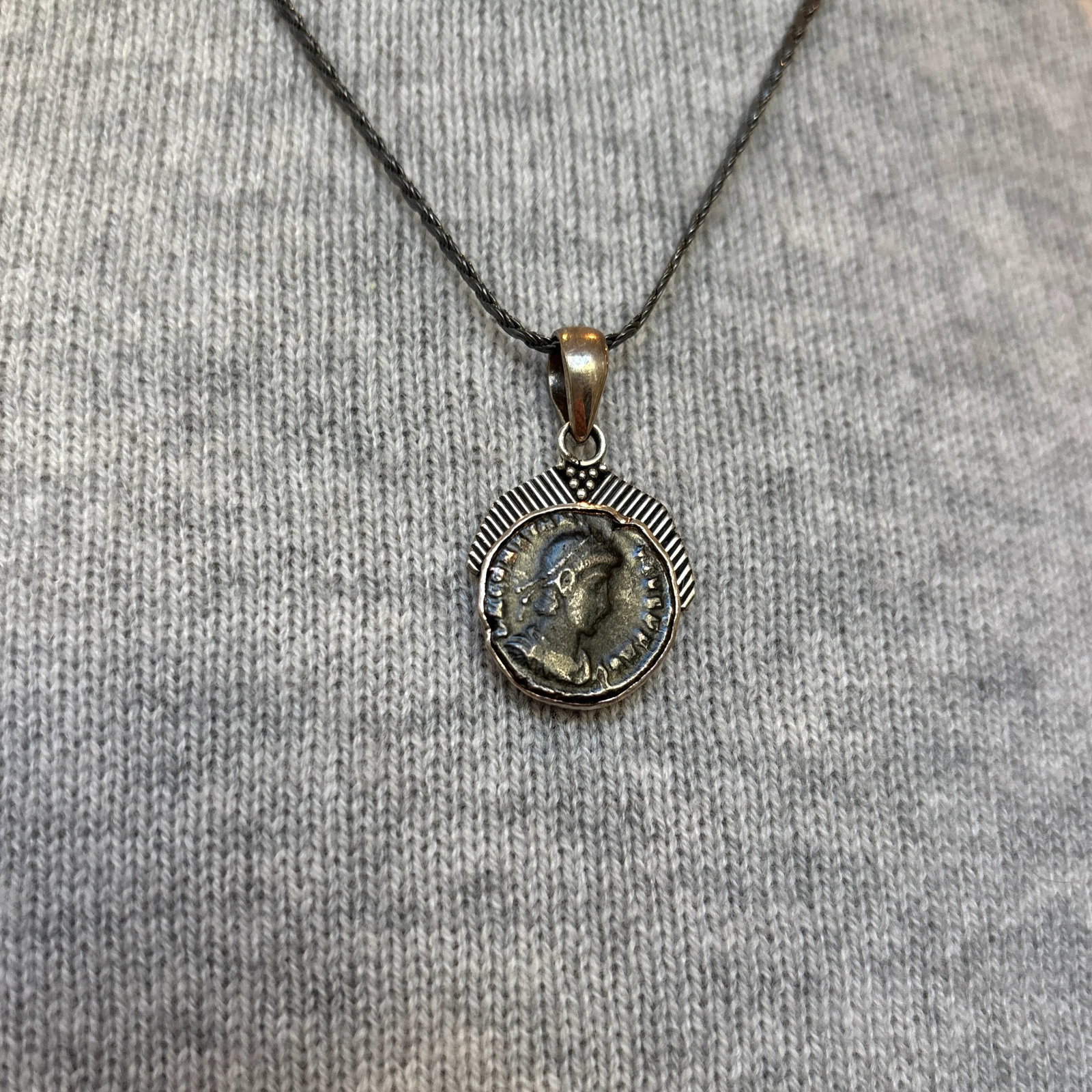 Antique Pendant With Roman Coin and Sterling Silver Setting of Diagonal Frame - 8
