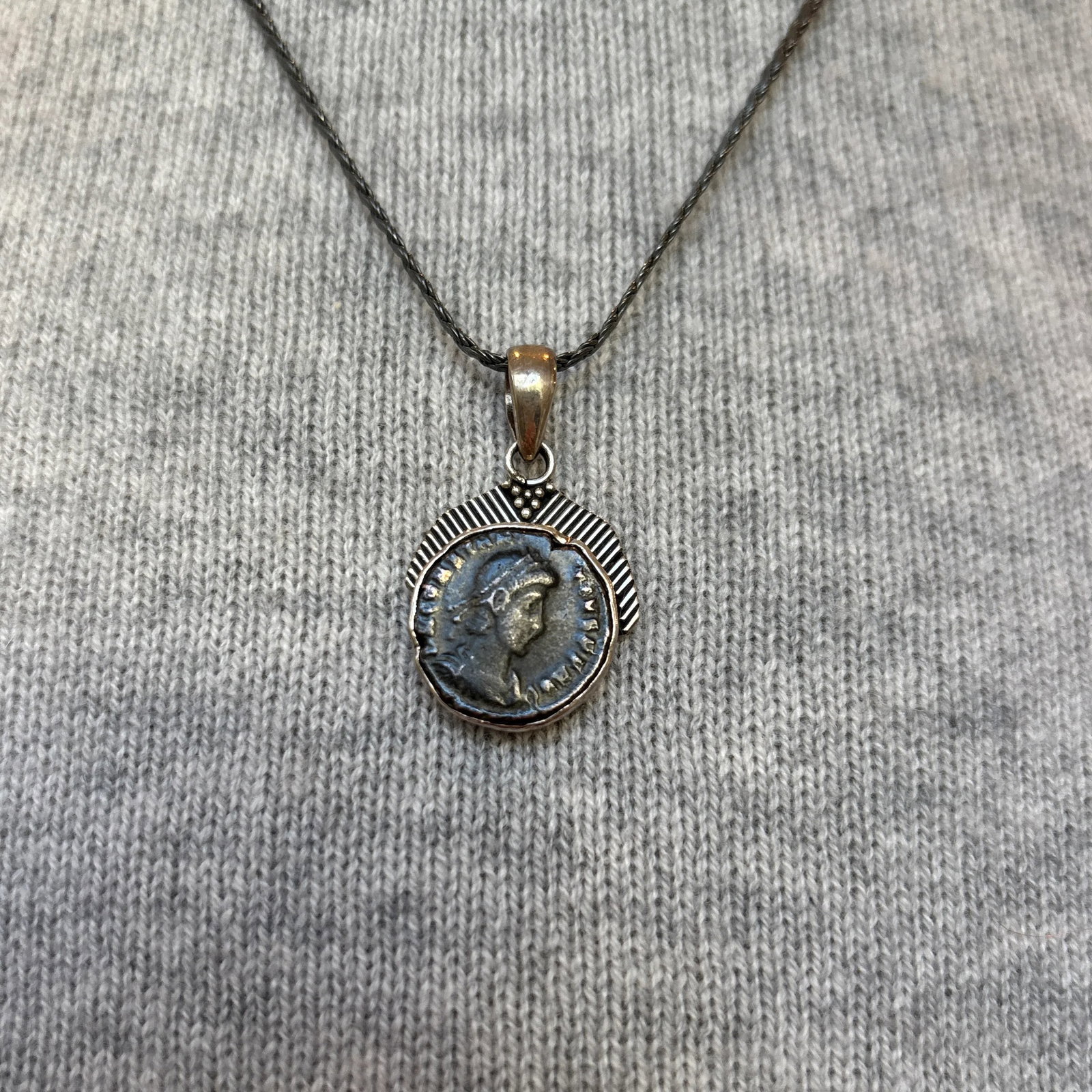 Antique Pendant With Roman Coin and Sterling Silver Setting of Diagonal Frame - 9
