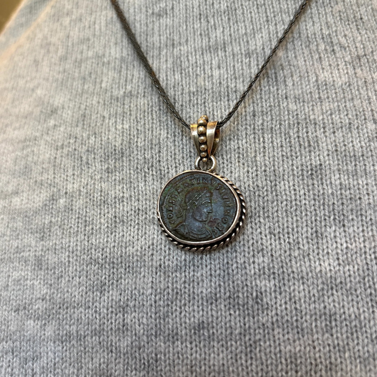 Antique Roman Coin in Sterling Silver Rope Setting - 10
