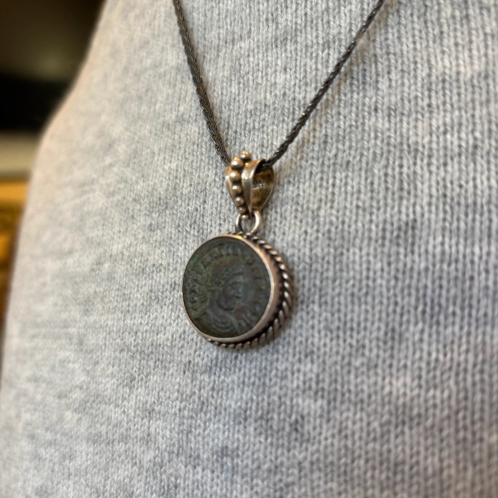 Antique Roman Coin in Sterling Silver Rope Setting - 11