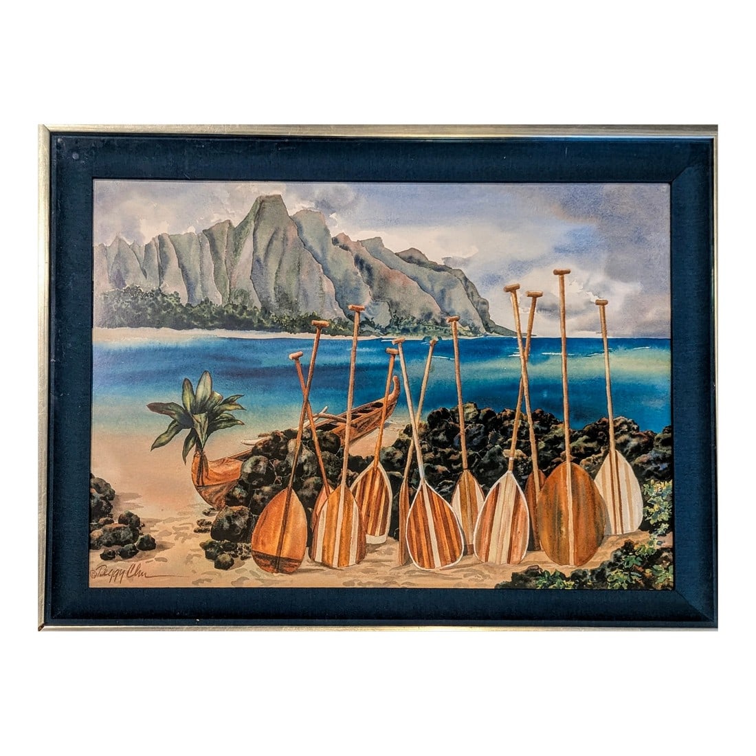 1980s Original Watercolor by Peggy Chun "Spirit of the Paddles" - Hawaiian Canoe (Wa'a) and Paddles: Original watercolor painting by the renowned Hawaiian artist Peggy Chun (1946 - 2008). Peggy Chun was known for her colorful and whimsical watercolor portraits of Island life. It is professionally fra