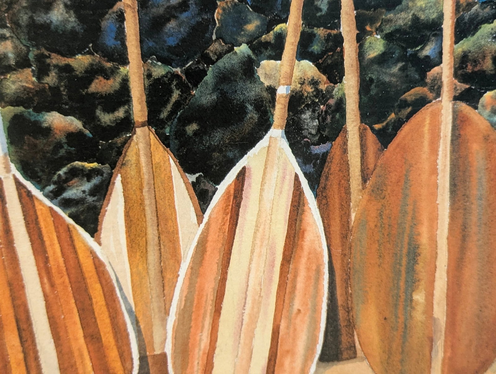 1980s Original Watercolor by Peggy Chun "Spirit of the Paddles" - Hawaiian Canoe (Wa'a) and Paddles - 6