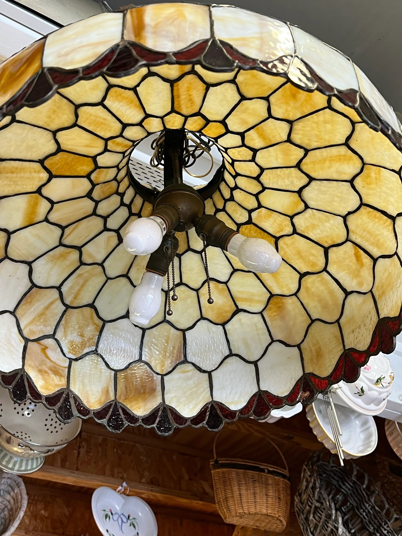 1970s Vintage Large Slag Glass Hanging Pendant Chandelier Light - 2