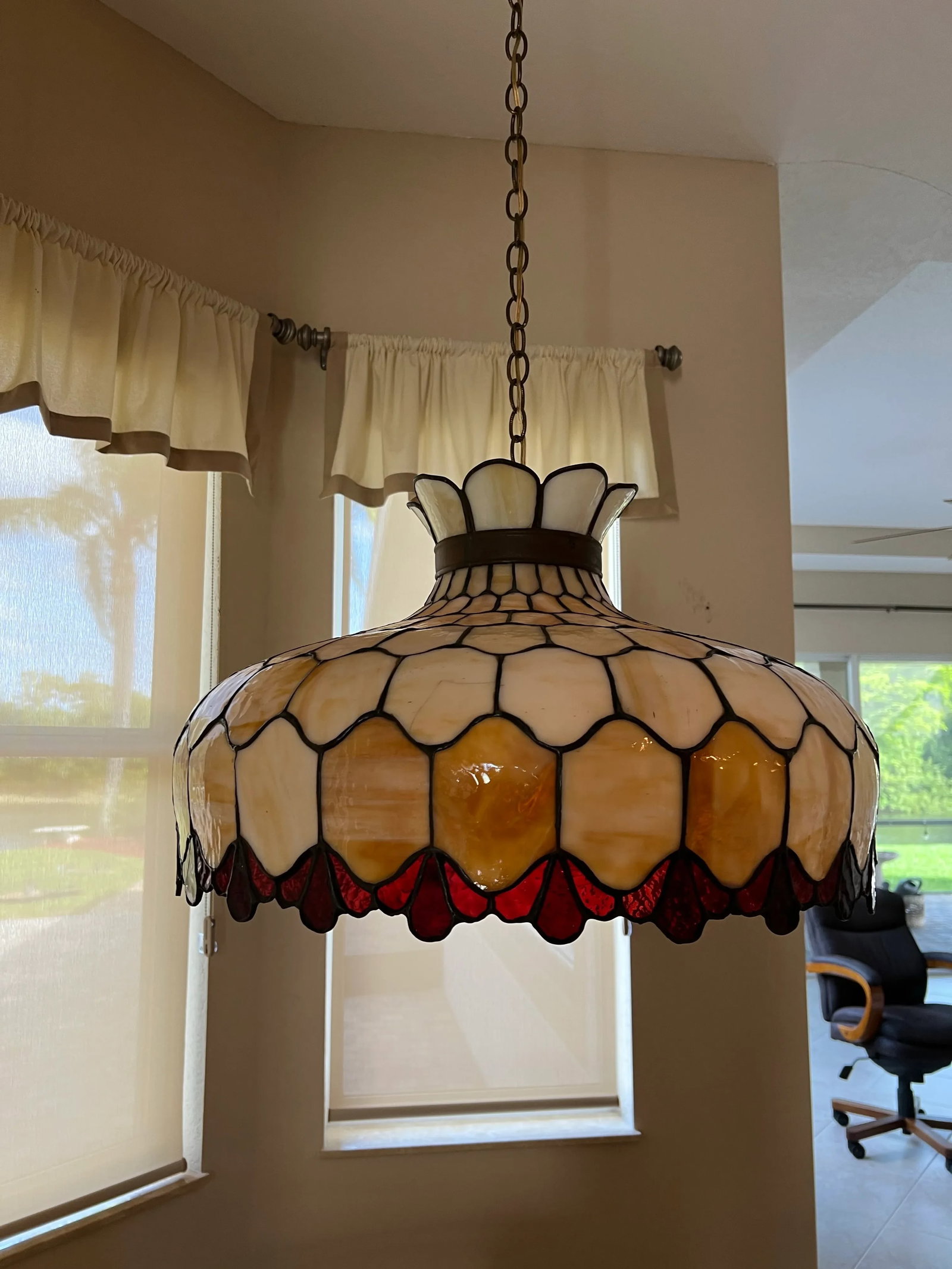 1970s Vintage Large Slag Glass Hanging Pendant Chandelier Light - 3
