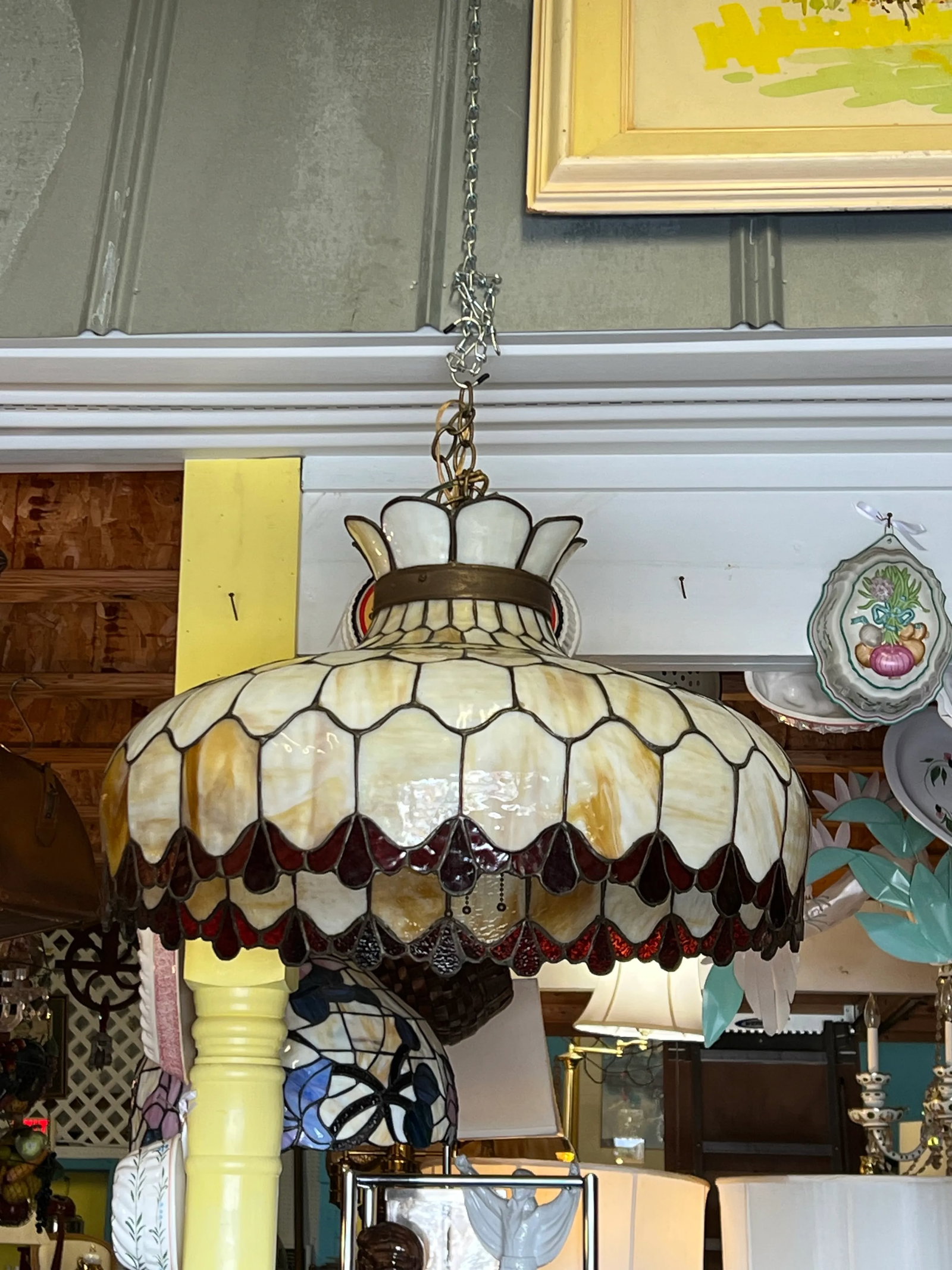 1970s Vintage Large Slag Glass Hanging Pendant Chandelier Light - 5