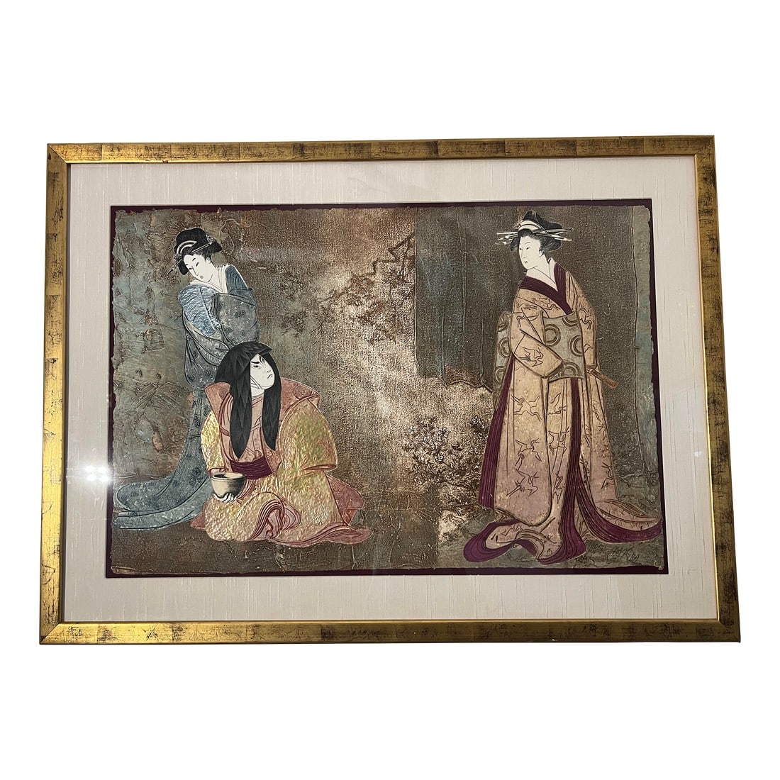 1980s Large Asian Mixed Media Framed Art Signed Mikulas Kravjansky: Large Framed Three Japanese figures, depicting two courtesans and a seated man holding a bowl. Vintage collograph etching with metallic inlays titled "Kabuki Triptych" Technique of Collograph etching 