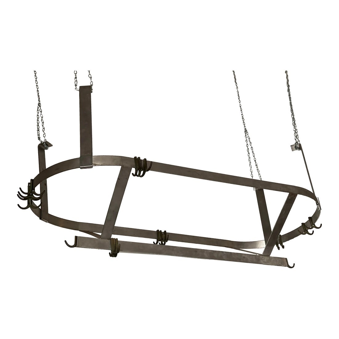 Late 20th Century Large Oval Stainless Pot Hanger: Large Stainless Steel Pot Holder. Can be reversed. The base is 14 inches high 25 inches wide and 60 inches long. There are also four stainless steel hanging bars that extend the pot hanger . The exten