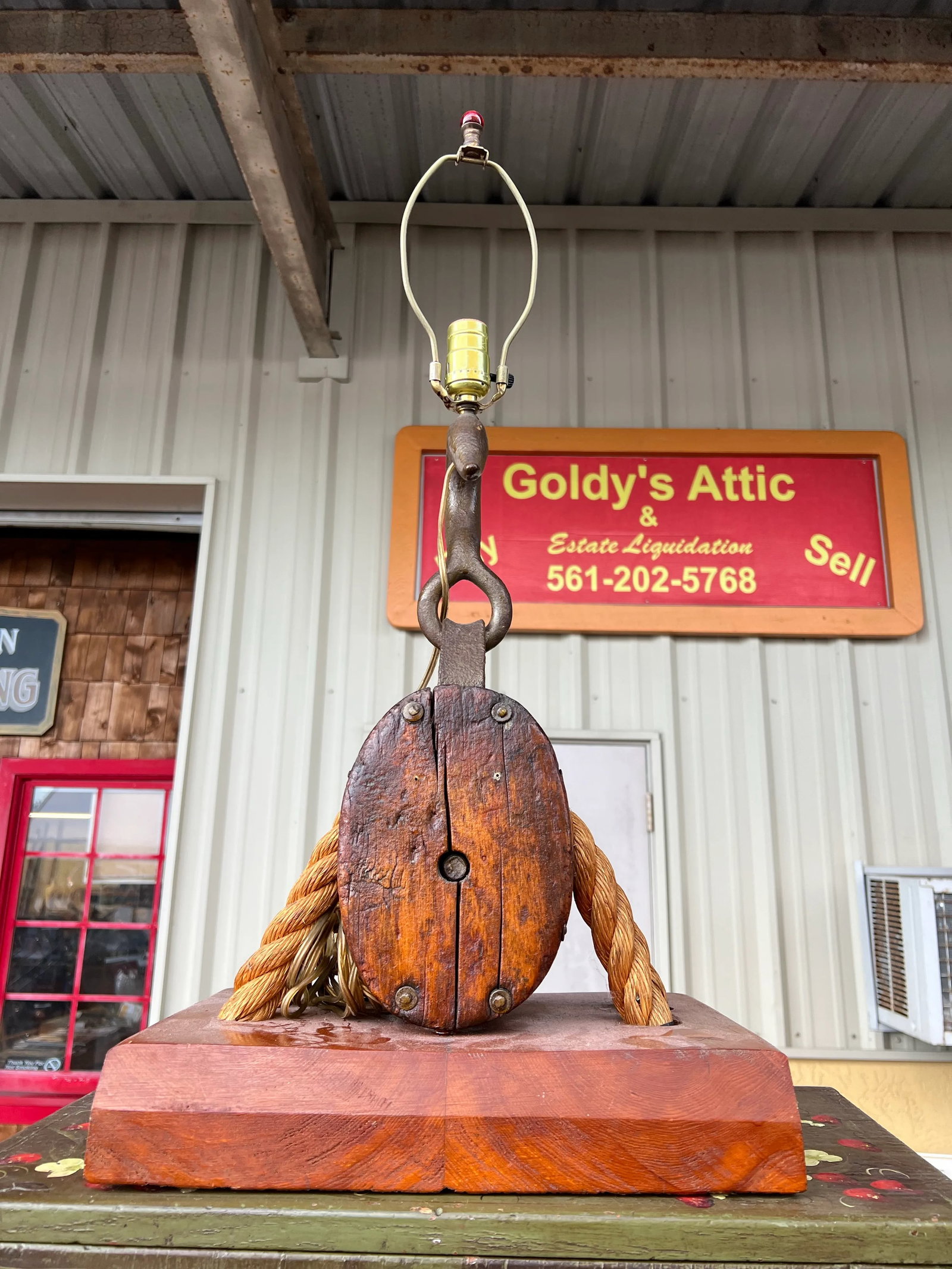 Vintage Double Block & Tackle Rustic Industrial Nautical Lamp - 7