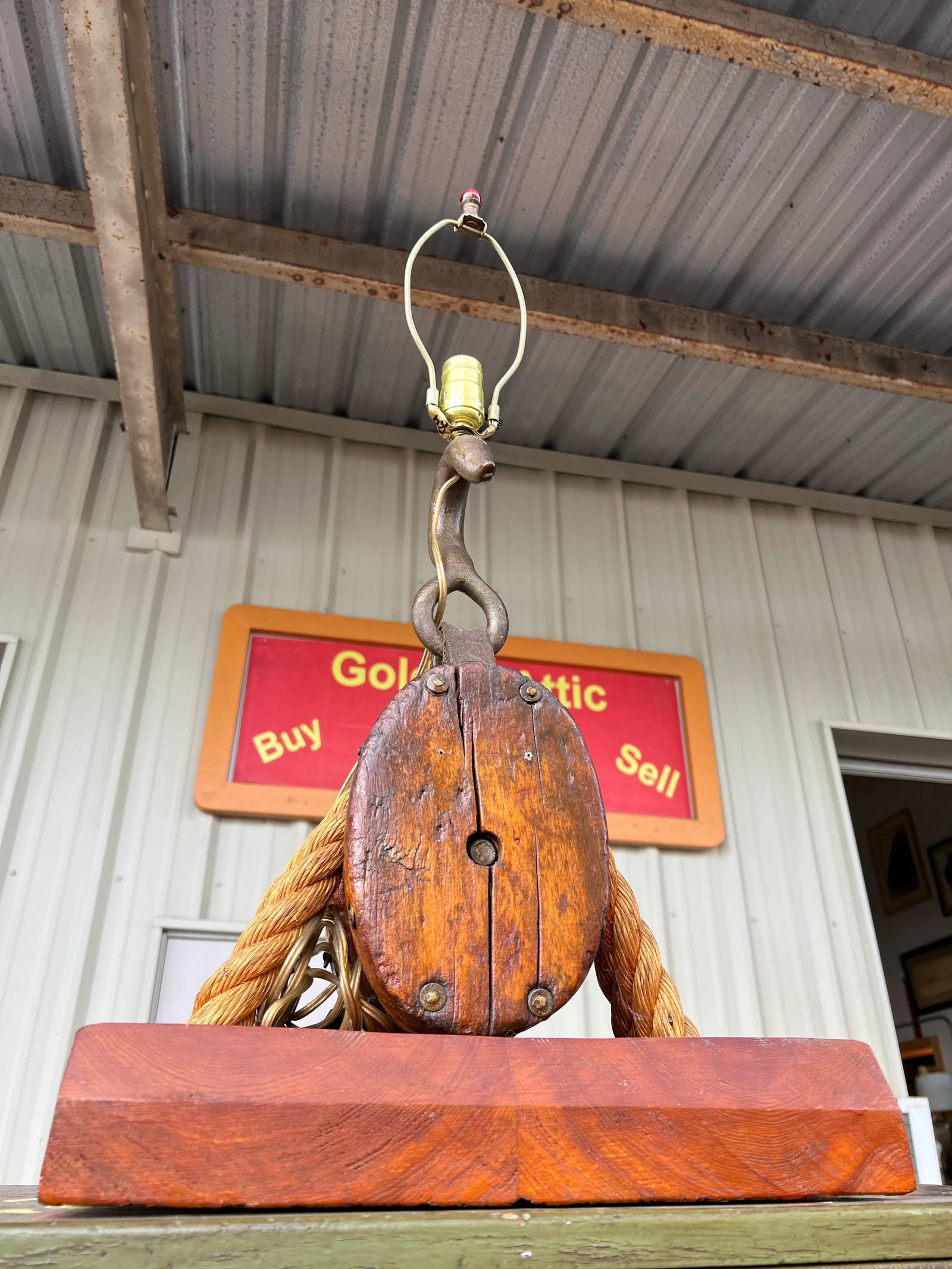 Vintage Double Block & Tackle Rustic Industrial Nautical Lamp - 9
