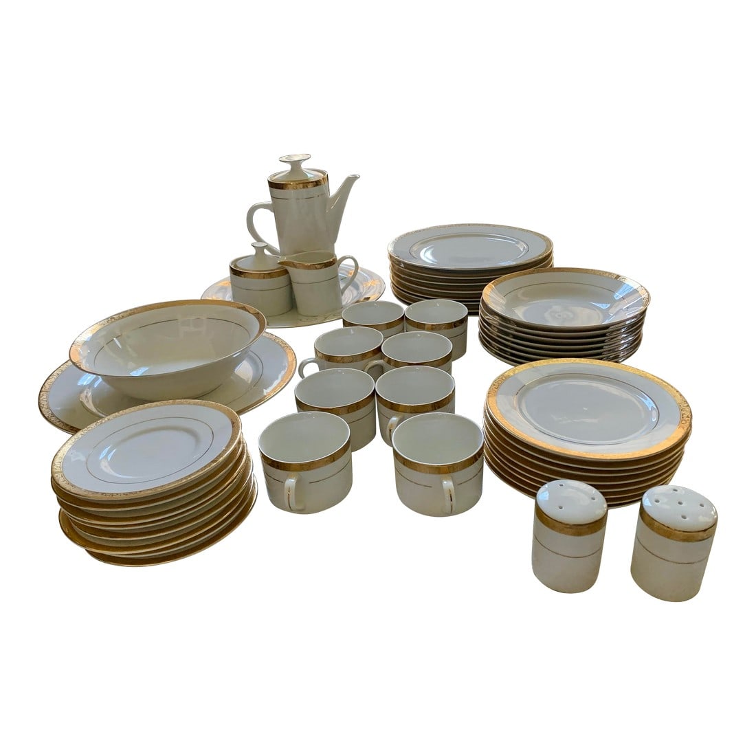Vintage Sango Empress Gold Fine China Dinnerware Set - 47 Pieces: Bring elegance to your dining experience using this vintage Sango Empress Gold Pattern # 8453. These are white porcelain with a thick gold scrolls band. Fine china service for 8 with 7 hostess pieces 