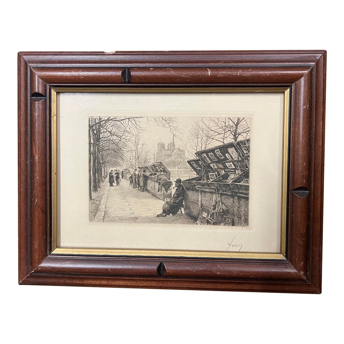 1940s "Les Bouquinistes" French Signed Etching by Yvon Monay, Framed: A wonderful framed etching pencil signed by Yvon of a man selling prints along the Seine River in Paris. "Les bouquinistes" translates to second-hand booksellers or booksellers in English. They are kn