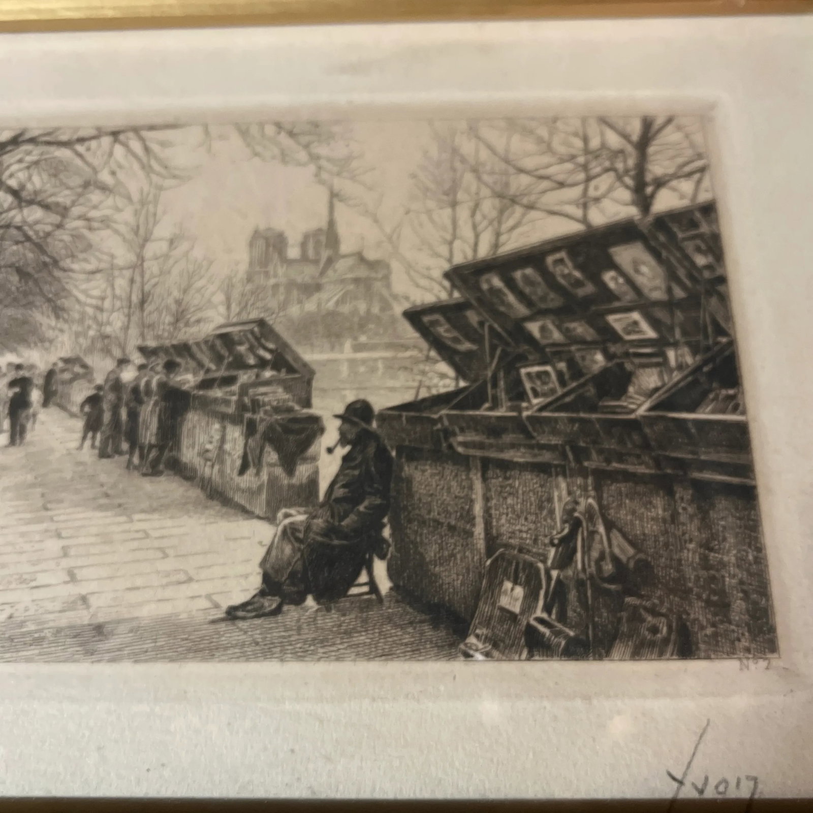 1940s "Les Bouquinistes" French Signed Etching by Yvon Monay, Framed - 2