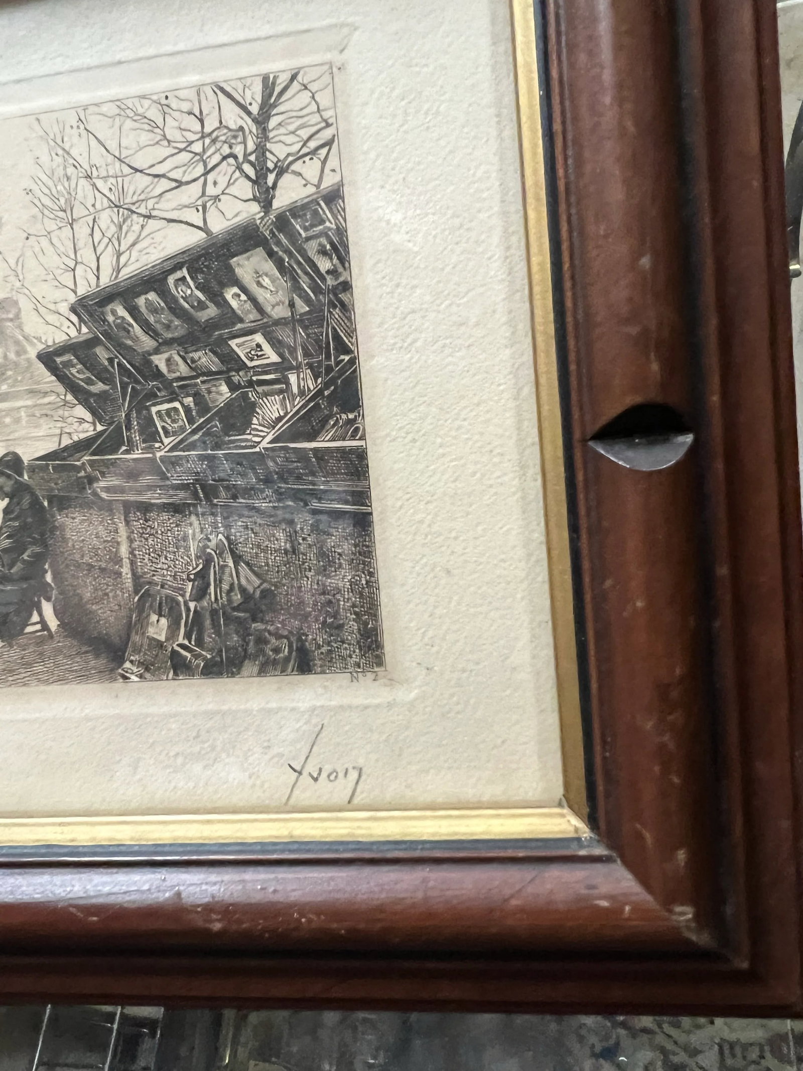 1940s "Les Bouquinistes" French Signed Etching by Yvon Monay, Framed - 4