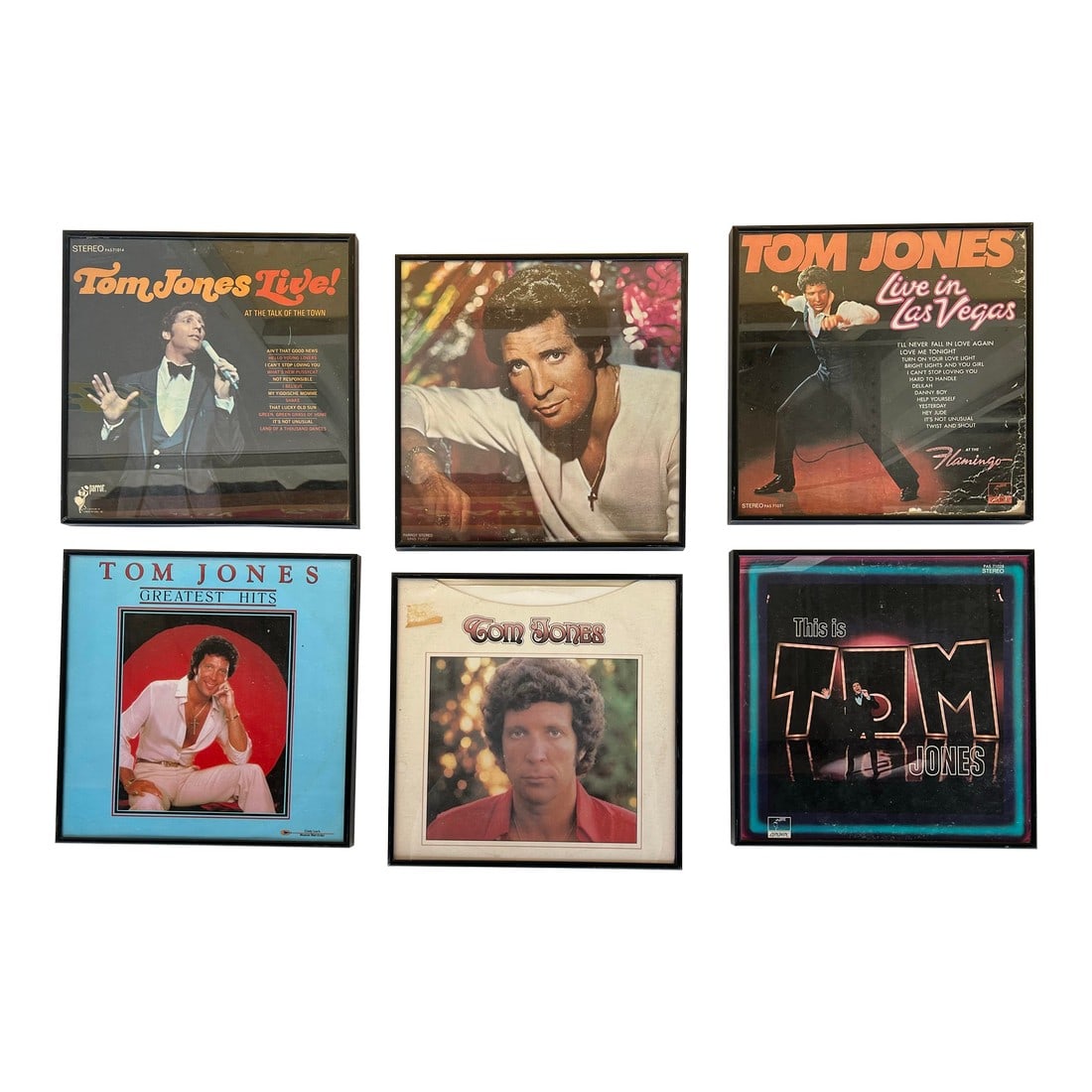 Vintage Tom Jones Records & Album Sleeve Framed Set of 6: A set of wall hanging frames with Tom Jones. The collection includes 6 vintage Tom Jones 33 LP vinyl records and album covers framed. Record albums such as Tom Jones Live! , At The Talk Of The Town, T