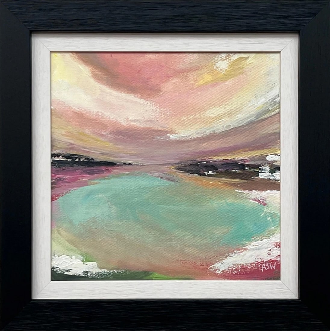 Abstract Landscape Seascape Painting With Pastel Shades by Contemporary Artist: Abstract Landscape Seascape Painting with Pastel Shades by Contemporary British Artist, Angela Wakefield Art measures 12 x 12 inches Frame measures 17 x 17 inches This painting depicts a serene landsc