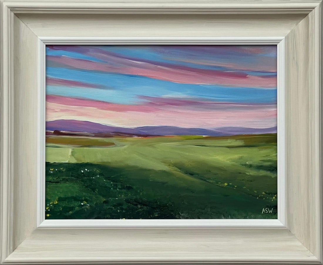 Sunset at Brora Golf Course in the Scottish Highlands by Contemporary Artist, 2024: Sunset at Brora Golf Course in the Scottish Highlands by Contemporary British Artist, Angela Wakefield. This unique original depicts a pink & blue sky with purple hills at sunset on the east coast of