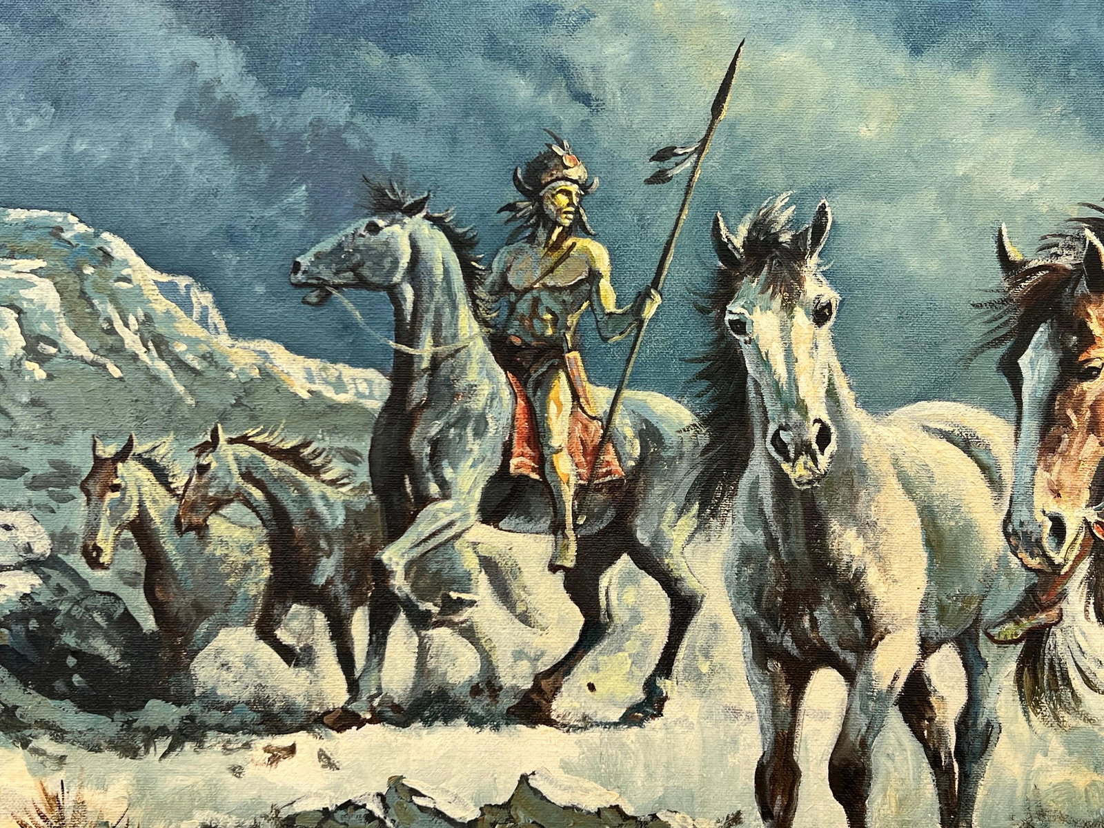 Native American Indian Warriors on Horseback with Dramatic Moonlit Landscape 1997 - 2