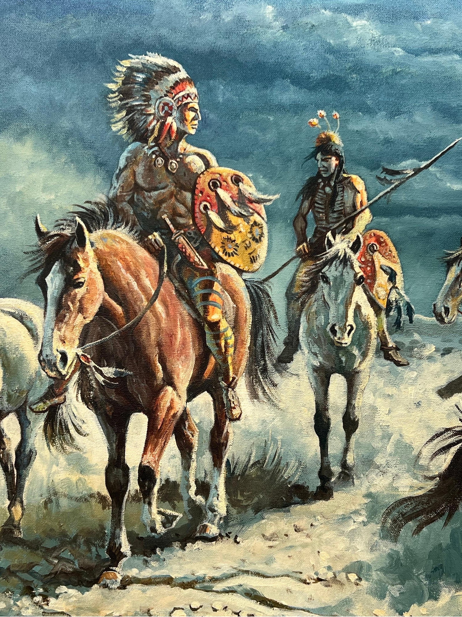 Native American Indian Warriors on Horseback with Dramatic Moonlit Landscape 1997 - 6