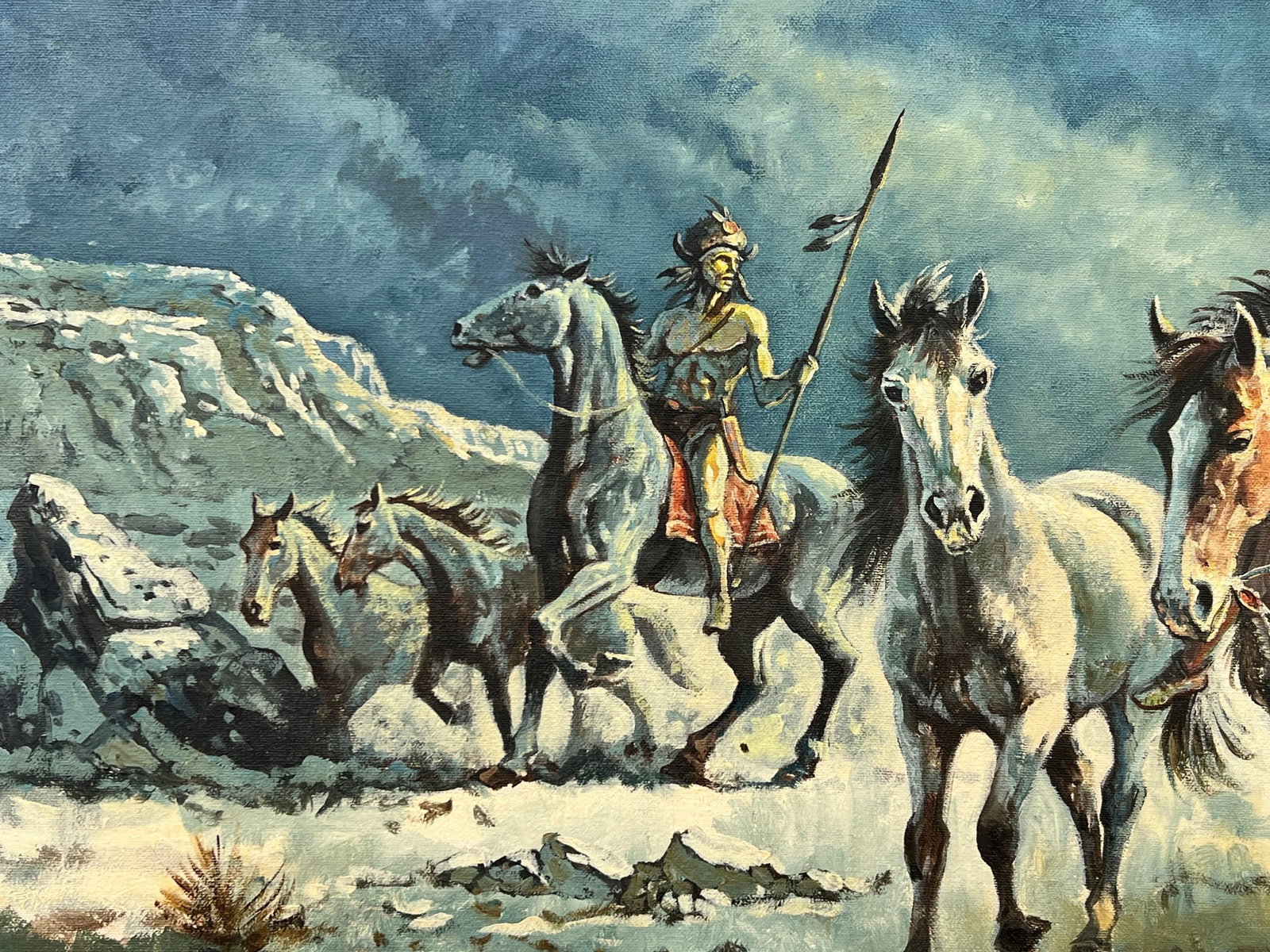 Native American Indian Warriors on Horseback with Dramatic Moonlit Landscape 1997 - 8