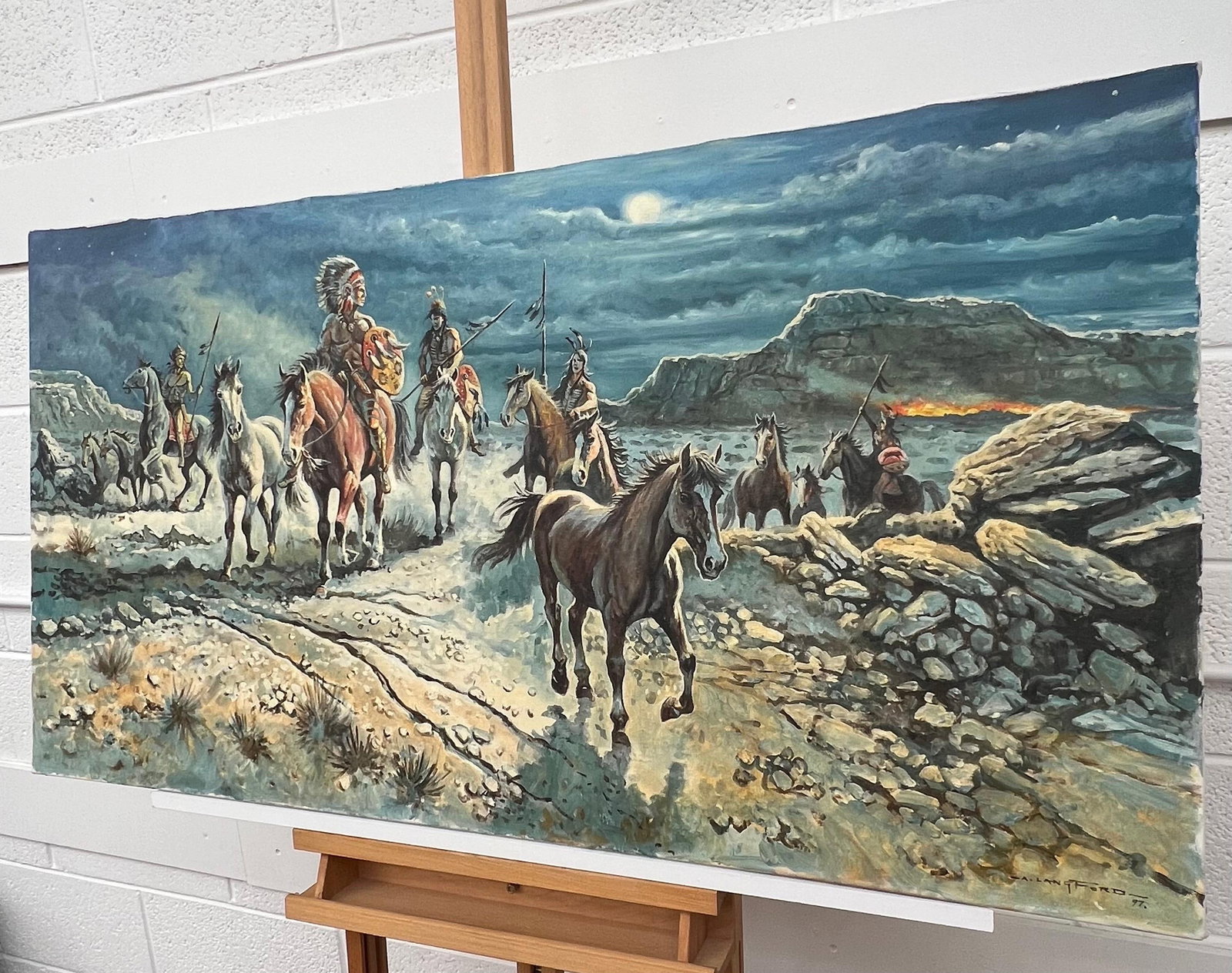 Native American Indian Warriors on Horseback with Dramatic Moonlit Landscape 1997 - 9