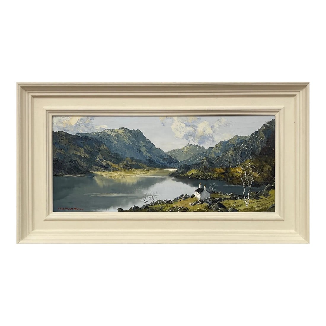 Impasto Oil Painting of River Mountain Scene in Wales by British Artist, Mid-20th Century, Framed in: Impasto Oil Painting of River Mountain Scene in Wales by British Artist Charles Wyatt Warren (1908-1993) Art measures 21 x 9 inches Frame measures 26 x 14 inches Charles Wyatt Warren (1908-1993) was