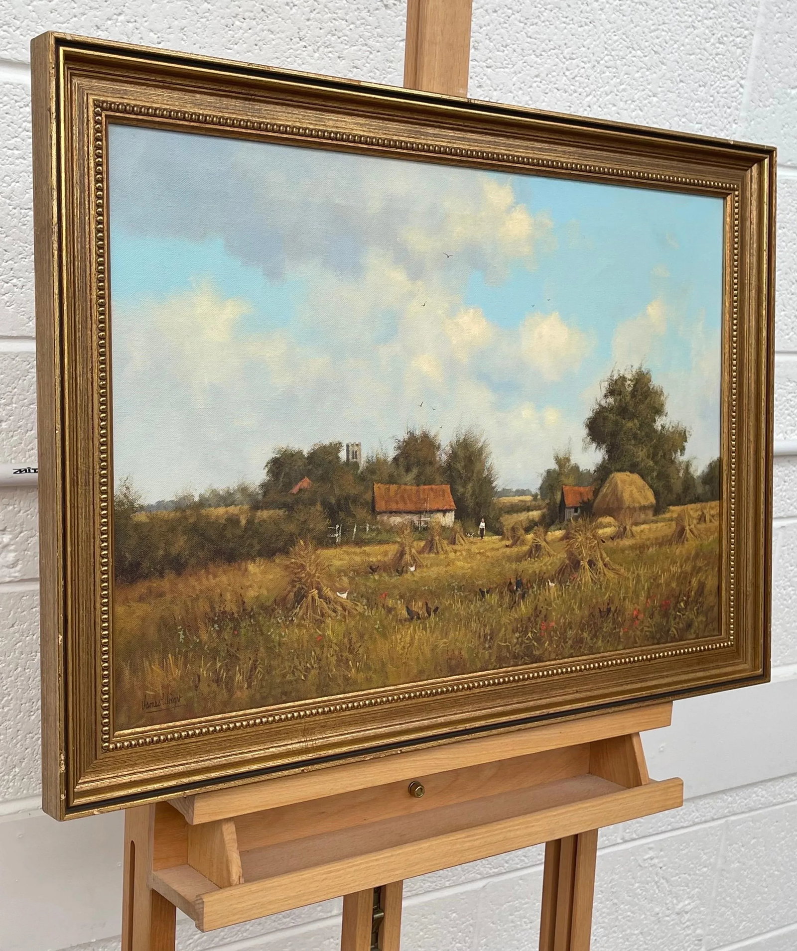 James Wright, Farm Scene with Haystacks in the English Countryside by Realist Landscape Artist, 1990 - 12
