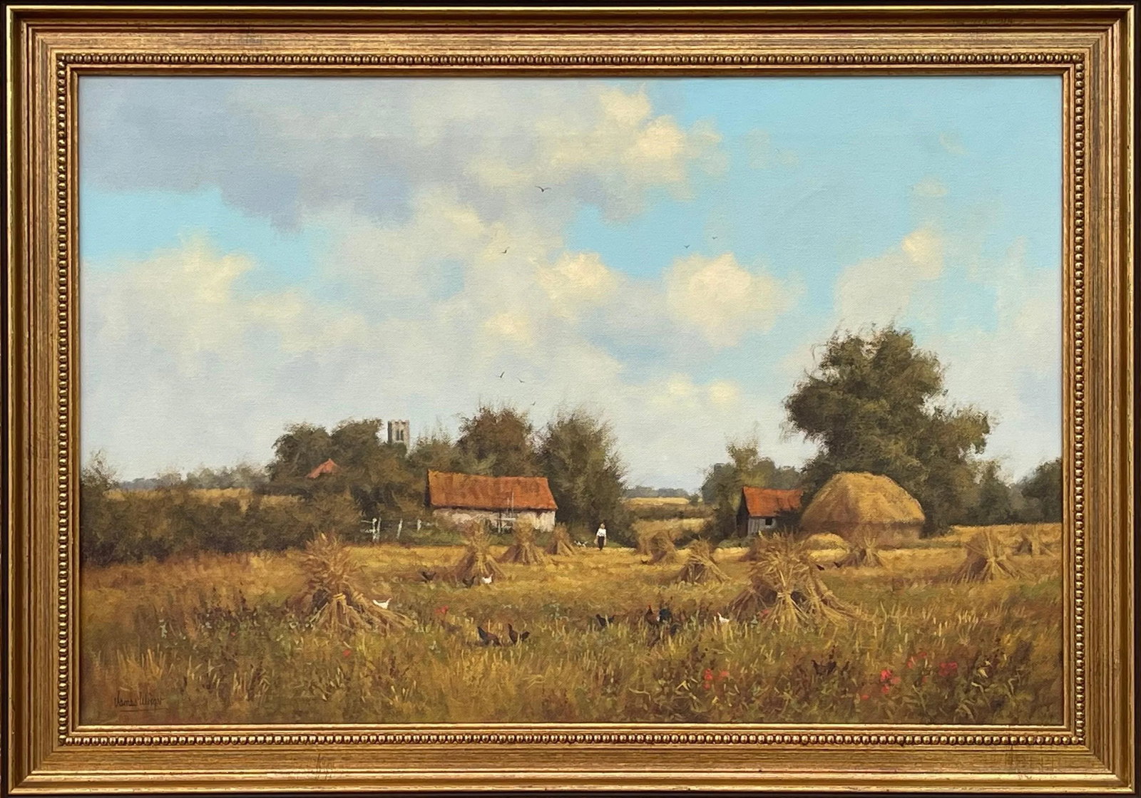 James Wright, Farm Scene with Haystacks in the English Countryside by Realist Landscape Artist, 1990 - 13