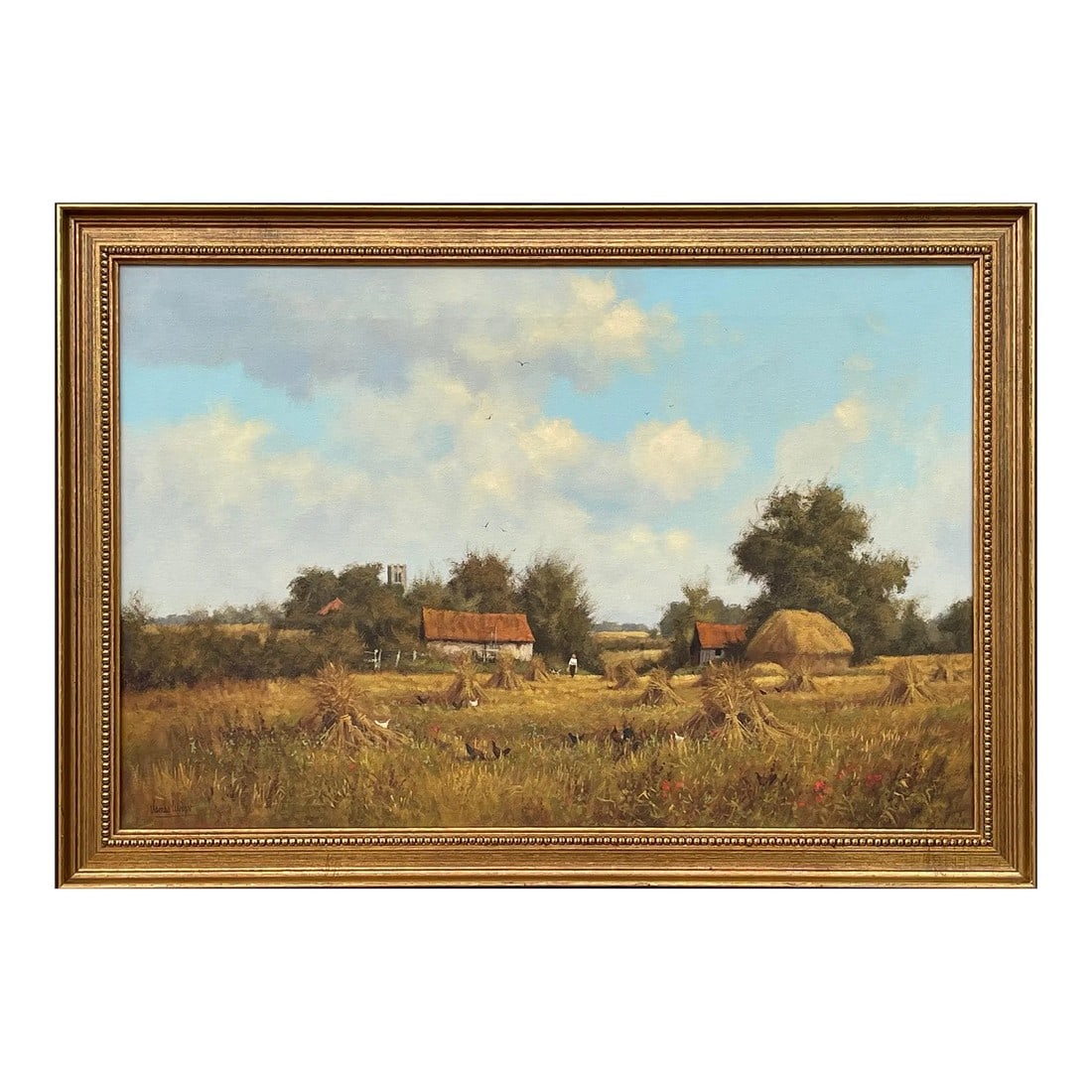 James Wright, Farm Scene with Haystacks in the English Countryside by Realist Landscape Artist, 1990: Farm Scene with Haystacks in the English Countryside by British Landscape Artist, James Wright. Signed, Original, Oil on Canvas, housed in a gilt frame Art measures 24 x 15.5 inches Frame measures 29