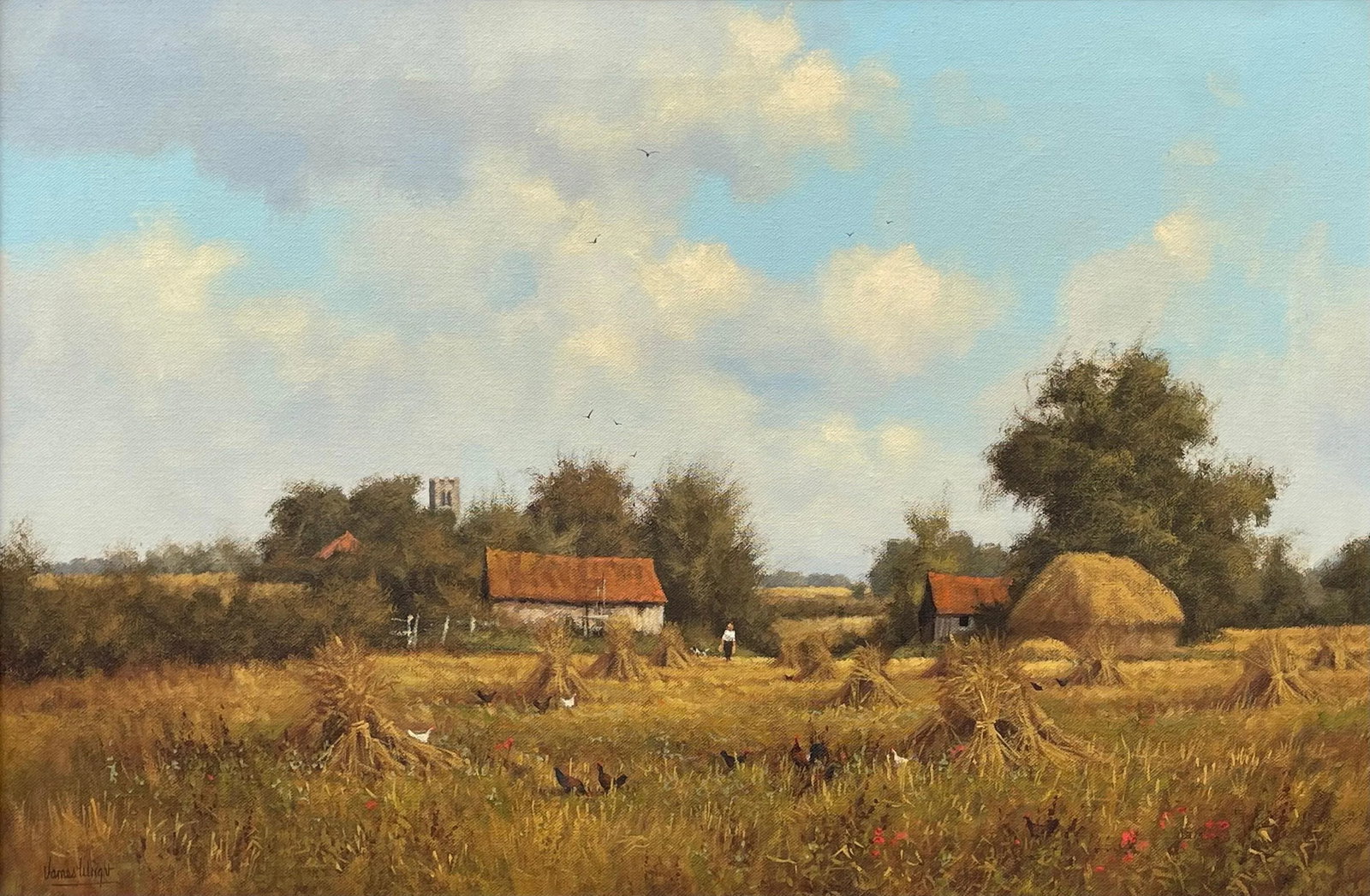 James Wright, Farm Scene with Haystacks in the English Countryside by Realist Landscape Artist, 1990 - 2