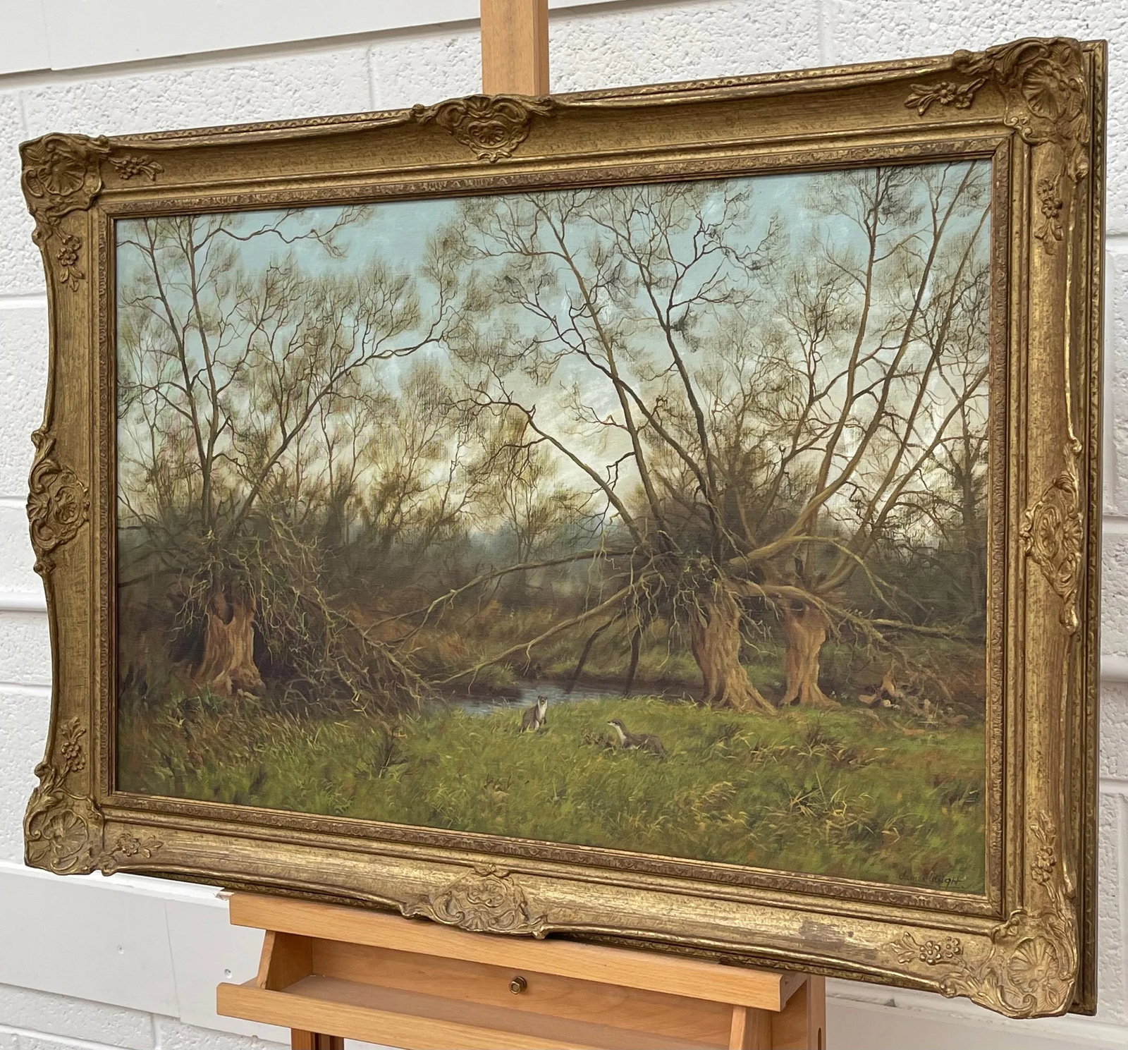 James Wright, Painting of the English Countryside with River Otters by Modern British Artist, 1990 C - 11