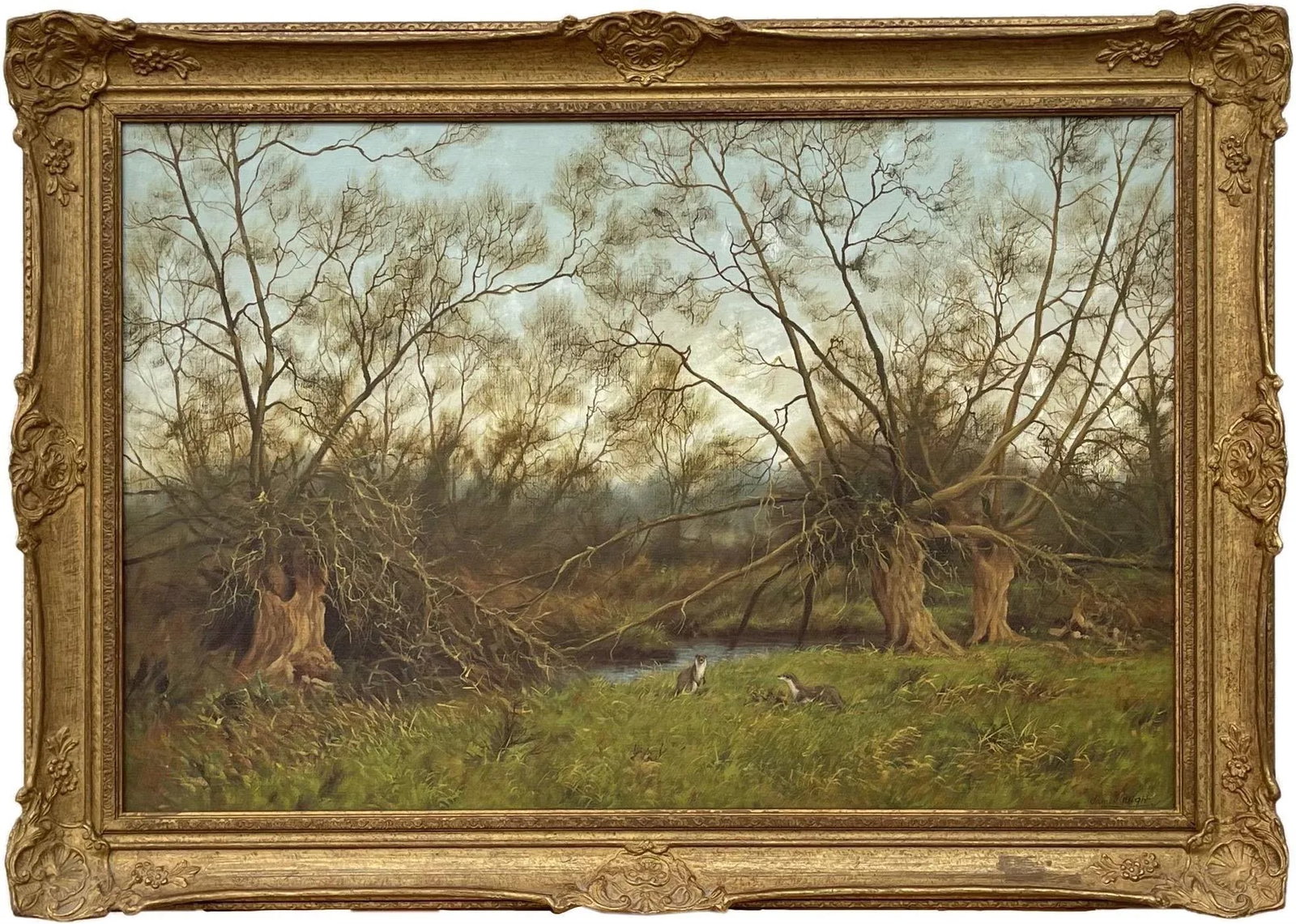 James Wright, Painting of the English Countryside with River Otters by Modern British Artist, 1990 C - 13