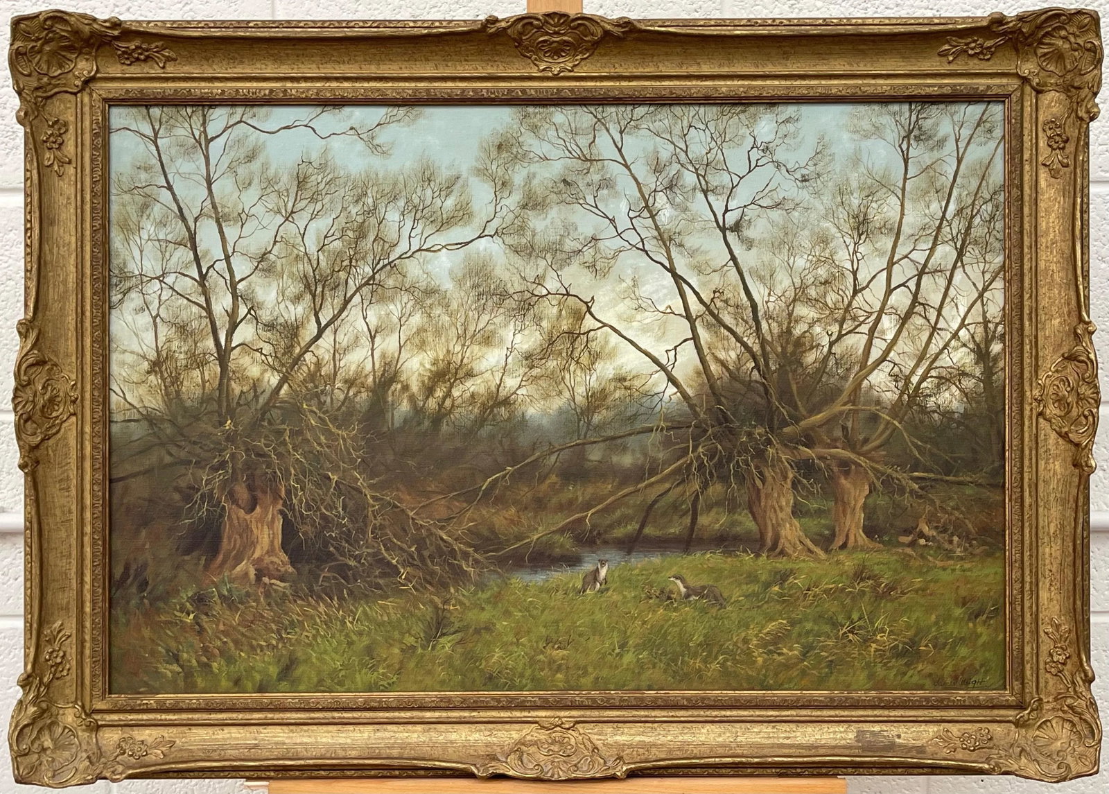 James Wright, Painting of the English Countryside with River Otters by Modern British Artist, 1990 C - 6