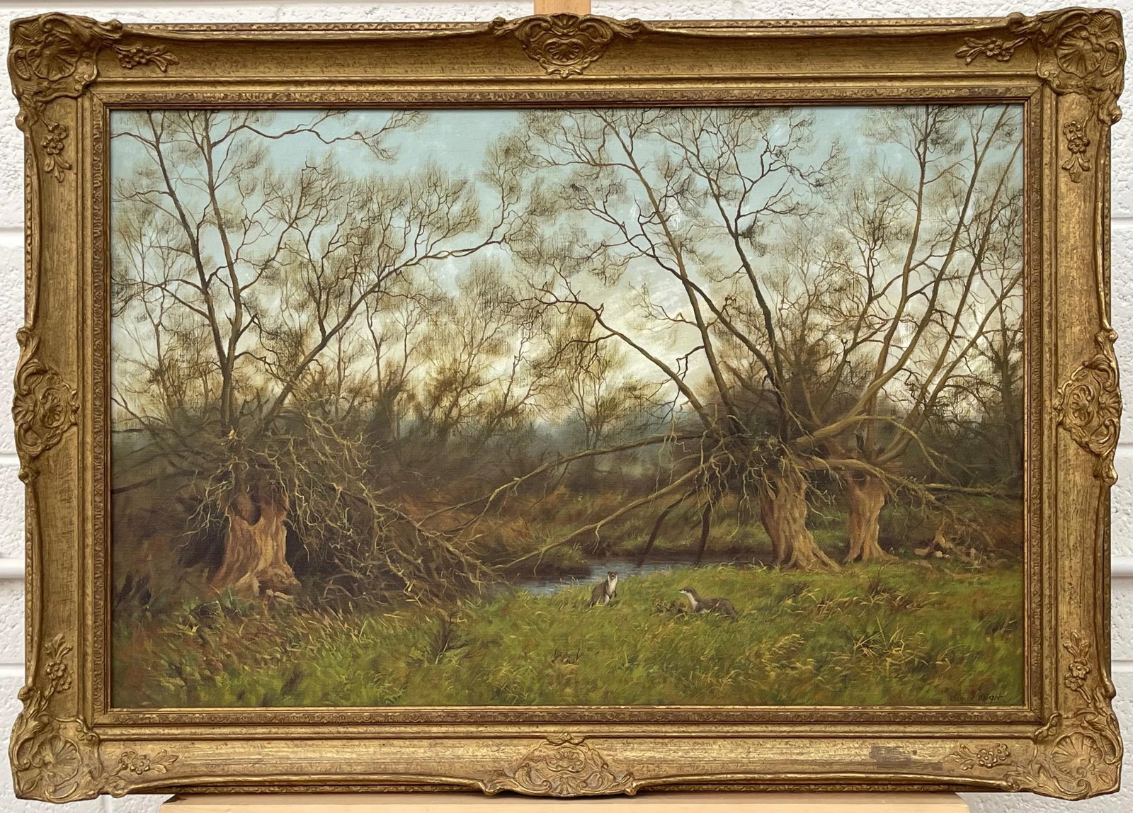 James Wright, Painting of the English Countryside with River Otters by Modern British Artist, 1990 C - 8