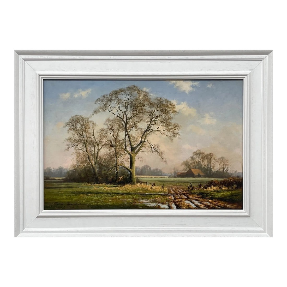 Oil Painting of Rural Winter Scene With Oak Trees in England by British Artist, 1995 Circa: Oil painting of Rural Winter Scene with Oak Trees in England by Contemporary British Artist, Peter Symonds Art measures 24 x 16 inches Frame measures 30 x 22 inches Peter Symonds is a leading