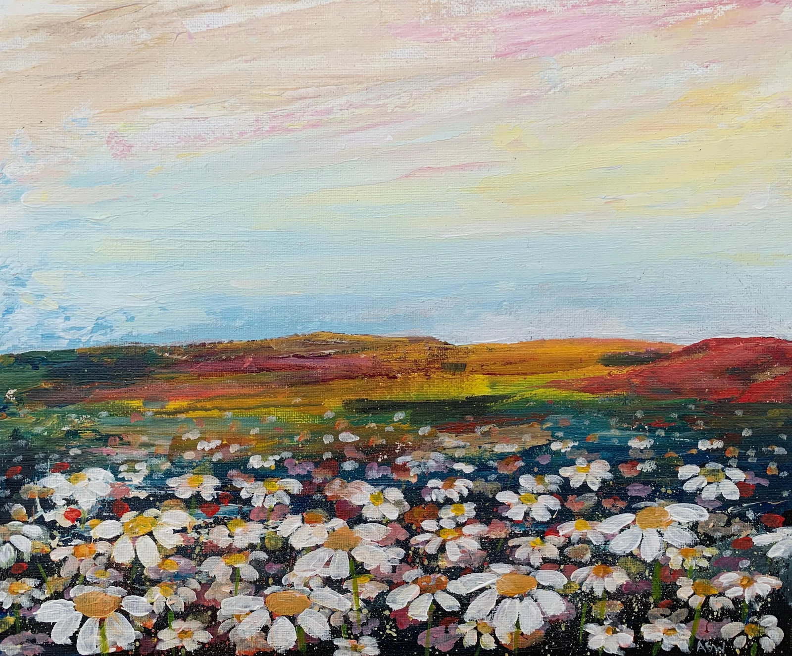 Angela Wakefield, Wild Daisy Flowers English Countryside Landscape Painting by Contemporary Artist, - 10
