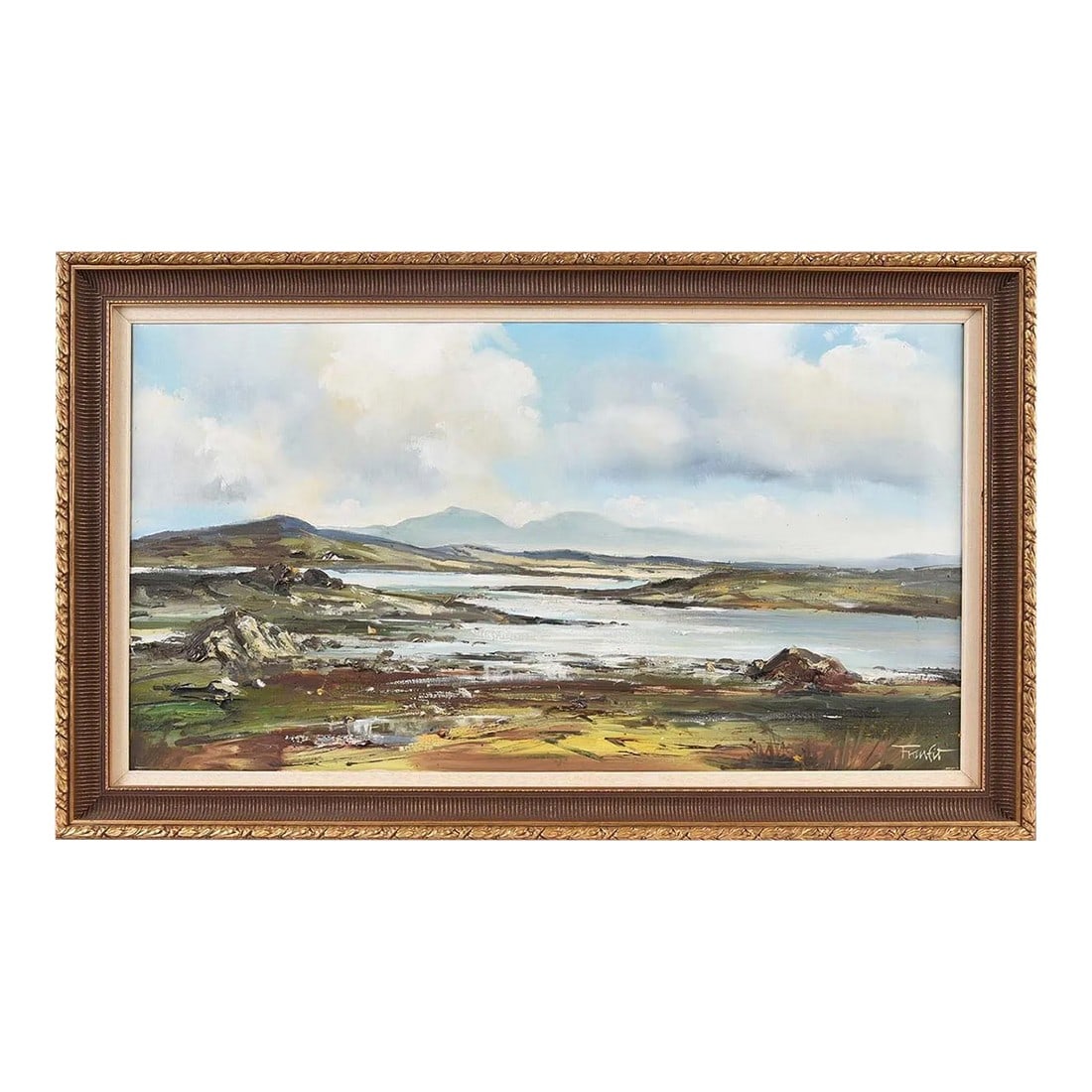 Expressive Abstract Landscape Painting of Ireland by Contemporary Irish Artist: Expressive Abstract Landscape Painting of Ireland by Contemporary Irish Artist, Frank Fitzsimons Art measures 30 x 16 inches Frame measure 35 x 21 inches Frank Fitzsimons was born in Antrim but grew u