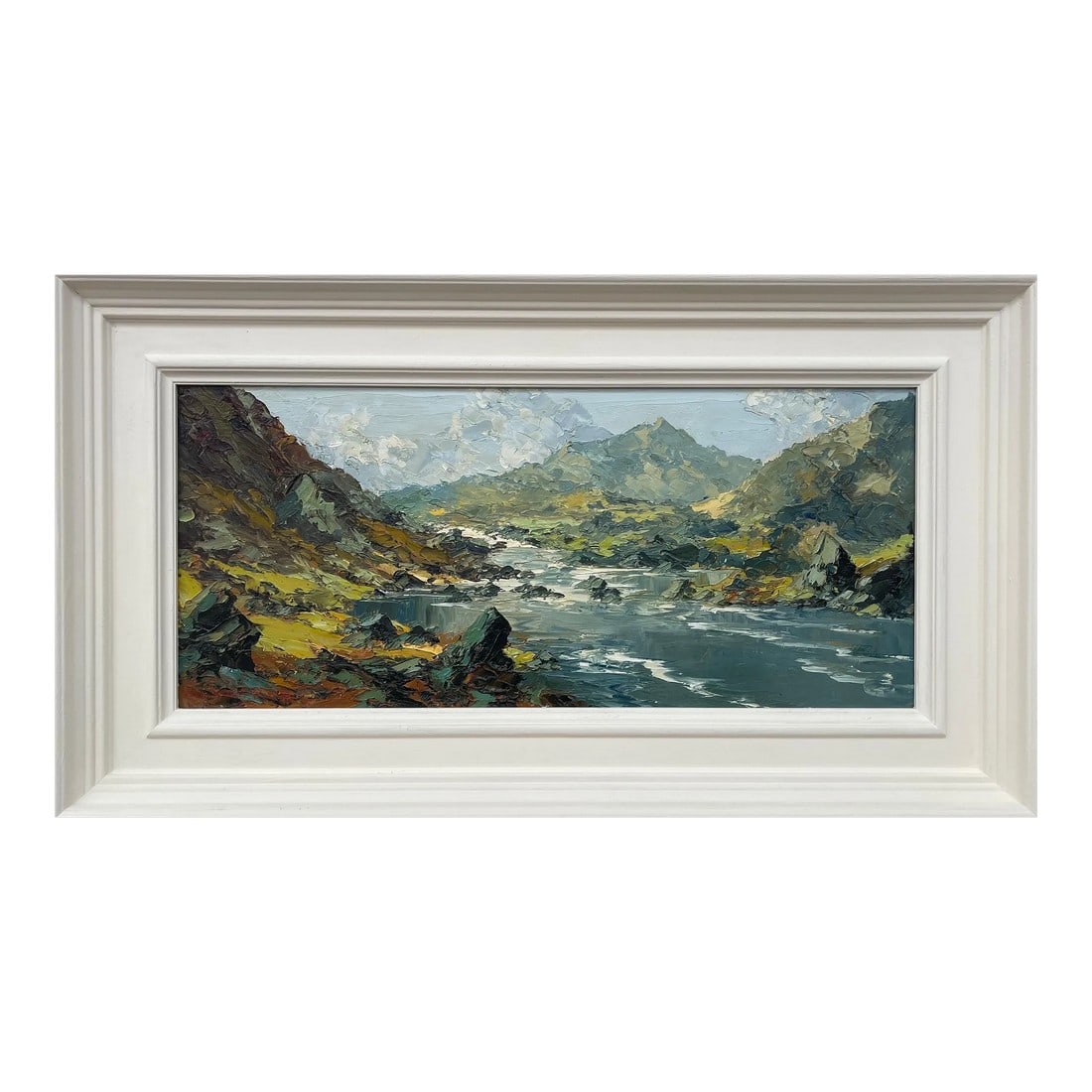 Charles Wyatt Warren, Impasto Oil Painting of River Mountain Scene in Wales by British Artist, Mid-2: Impasto Oil Painting of River Mountain Scene in Wales by British Artist Charles Wyatt Warren (1908-1993) Art measures 21 x 9 inches Frame measures 26 x 14 inches Charles Wyatt Warren (1908-1993) was