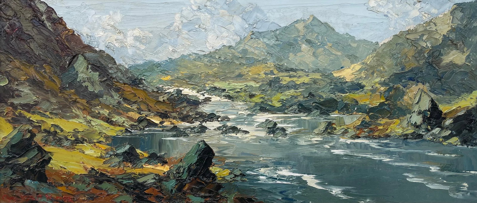 Charles Wyatt Warren, Impasto Oil Painting of River Mountain Scene in Wales by British Artist, Mid-2 - 5