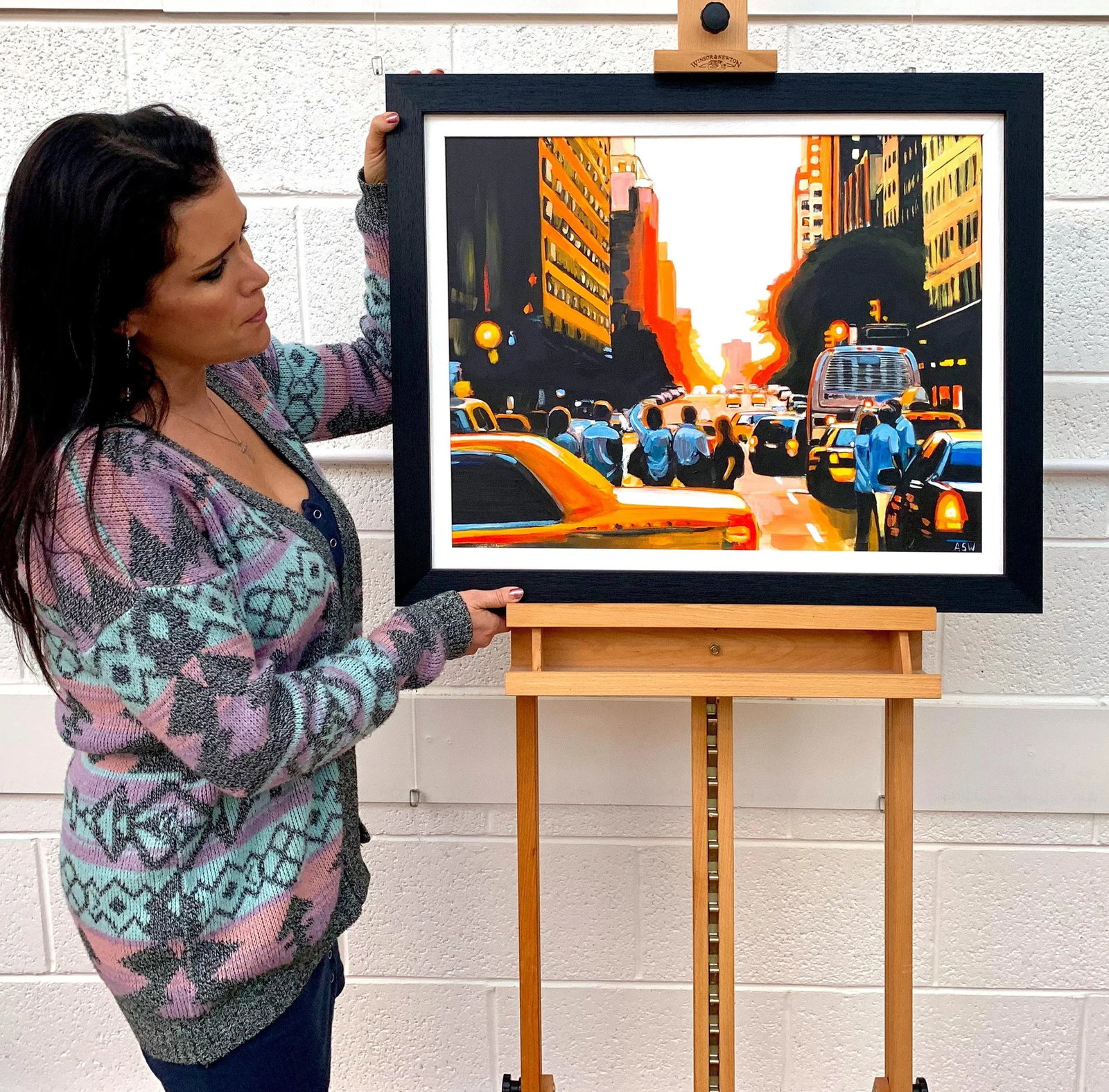 Figures at Manhattan Henge Sunset New York City by Leading British Urban Artist, 2014 - 2