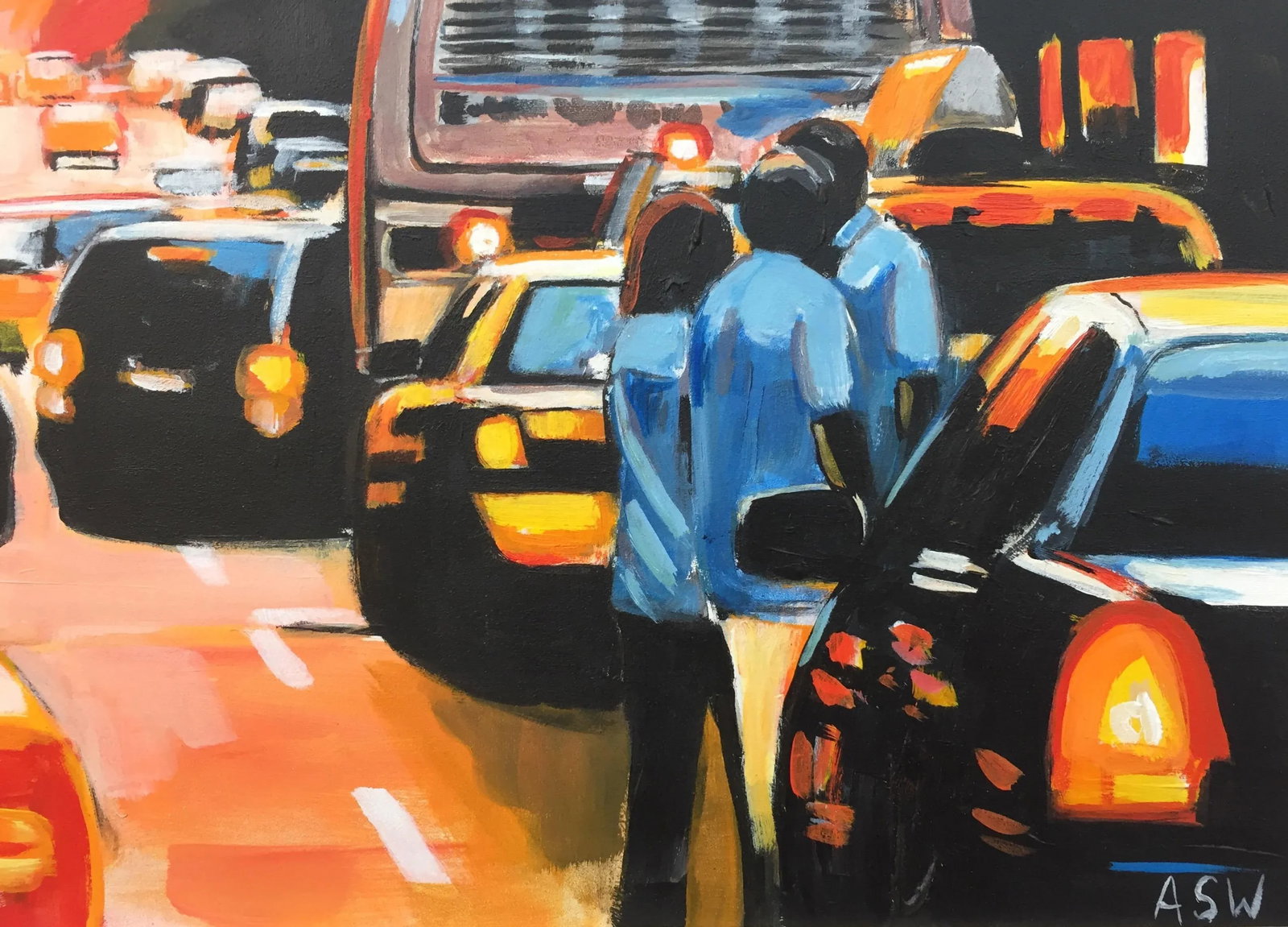 Figures at Manhattan Henge Sunset New York City by Leading British Urban Artist, 2014 - 7