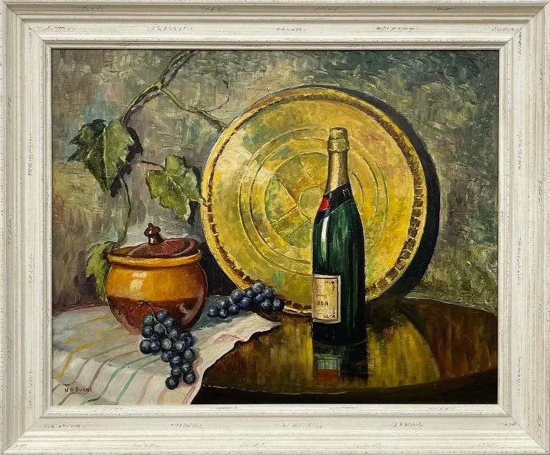 Vintage Champagne Bottle With Grapes Still Life Oil Painting by 20th Century Artist, 1985 Circa: Vintage Champagne Bottle with Grapes & Pot Still Life Interior Original Oil Painting by 20th Century Artist Artist William Henry Burns (1924-1995). Framed in a high quality off-white shabby chic